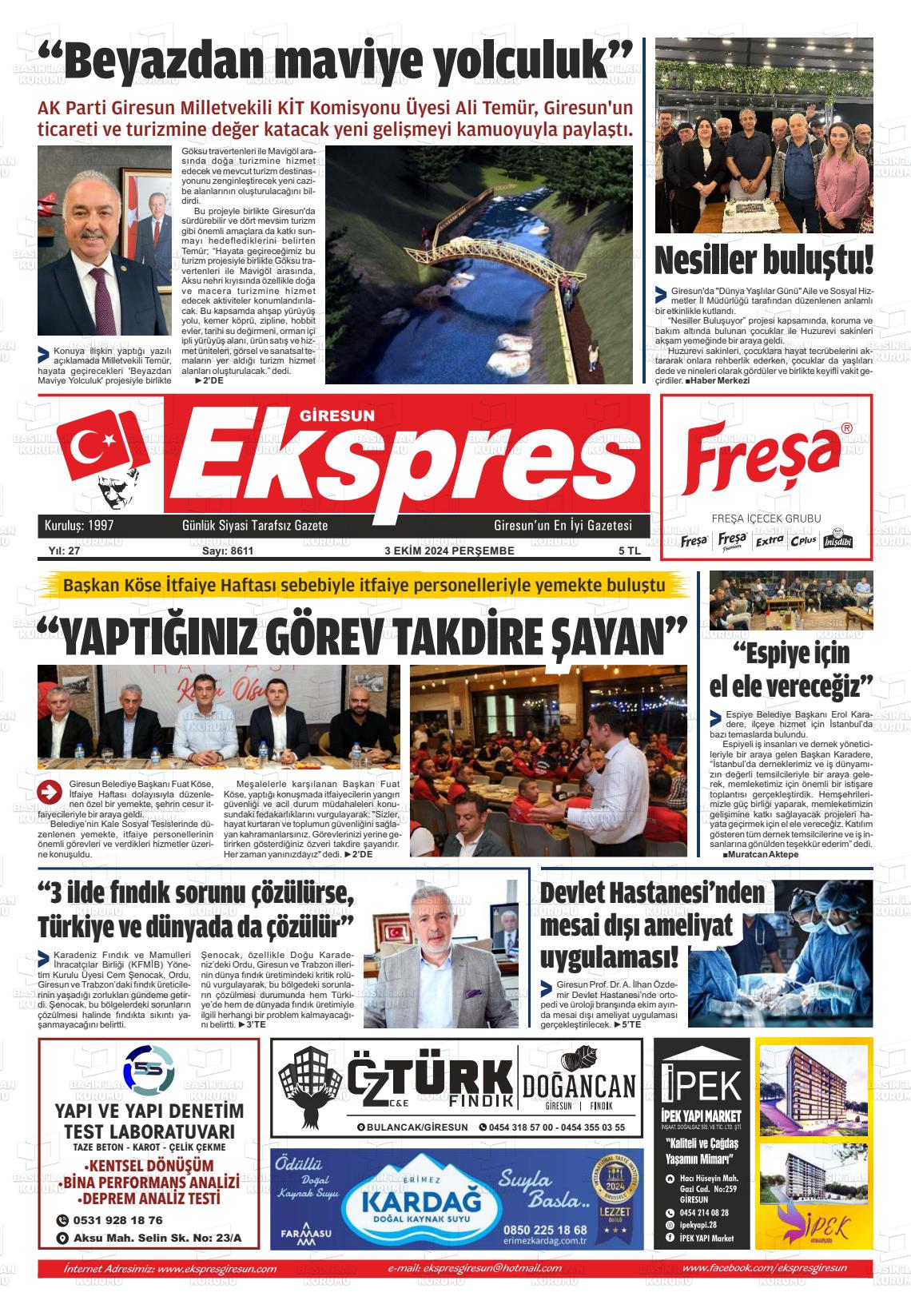 03 Ekim 2024 Giresun Ekspres Gazete Manşeti