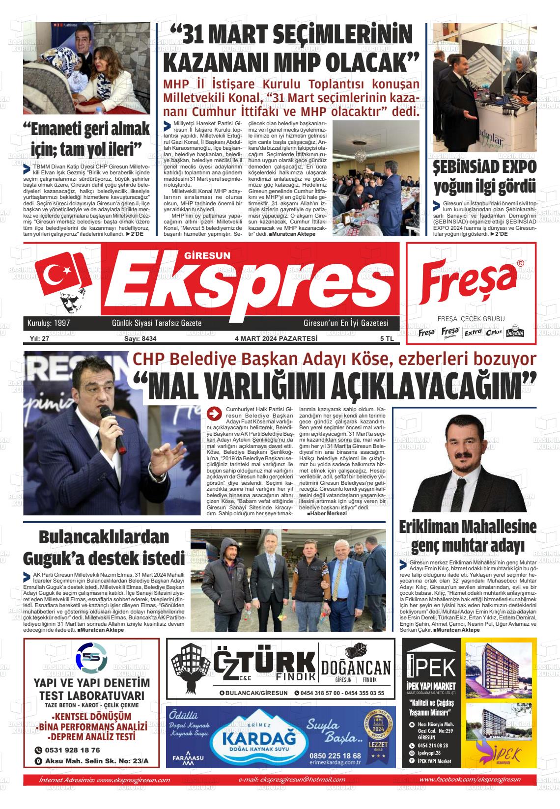 04 Mart 2024 Giresun Ekspres Gazete Manşeti