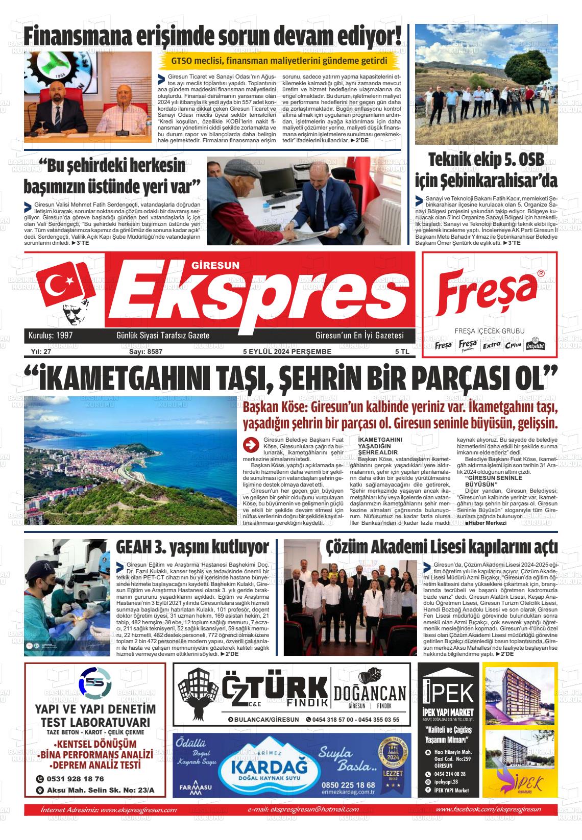 05 Eylül 2024 Giresun Ekspres Gazete Manşeti