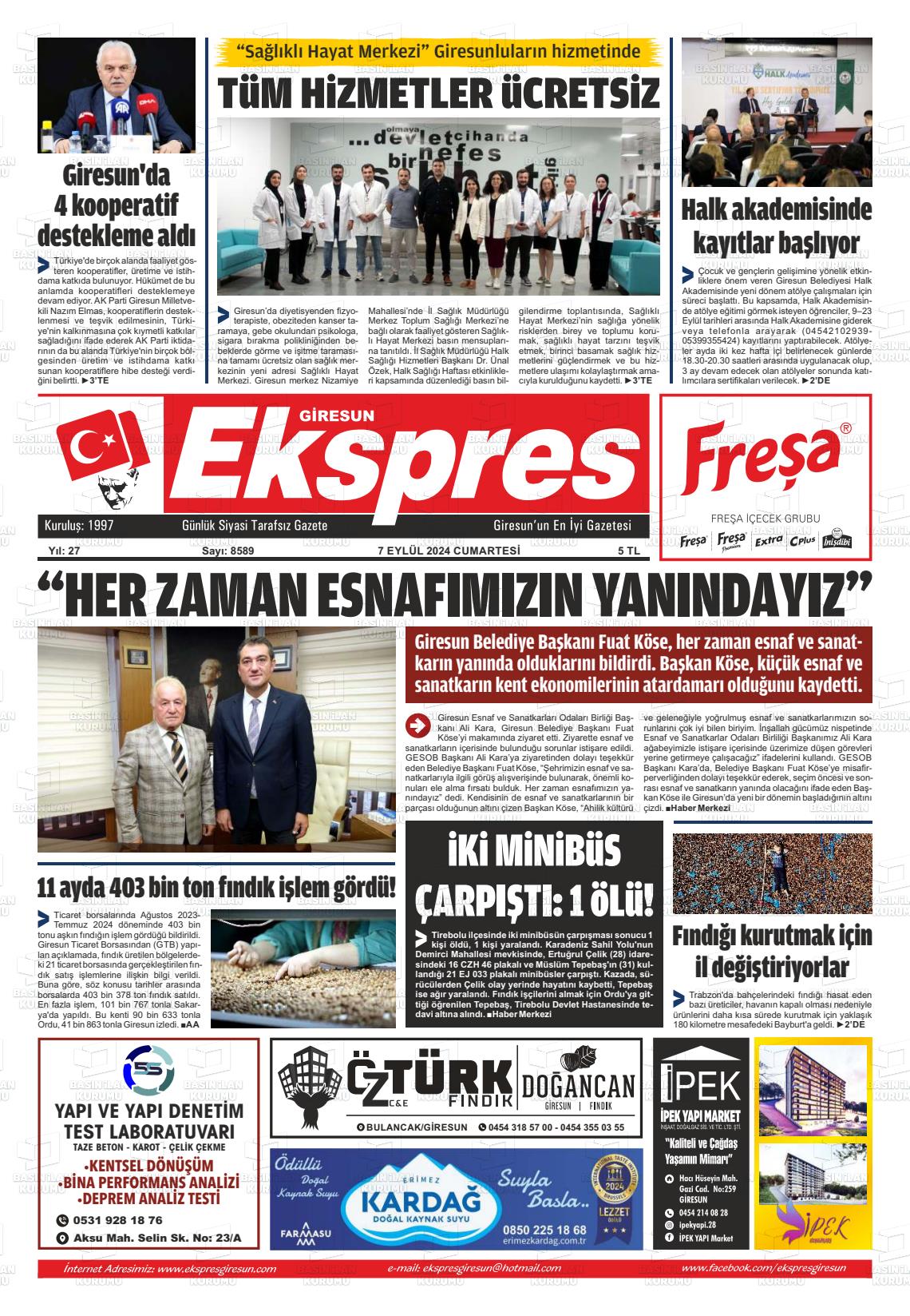 07 Eylül 2024 Giresun Ekspres Gazete Manşeti