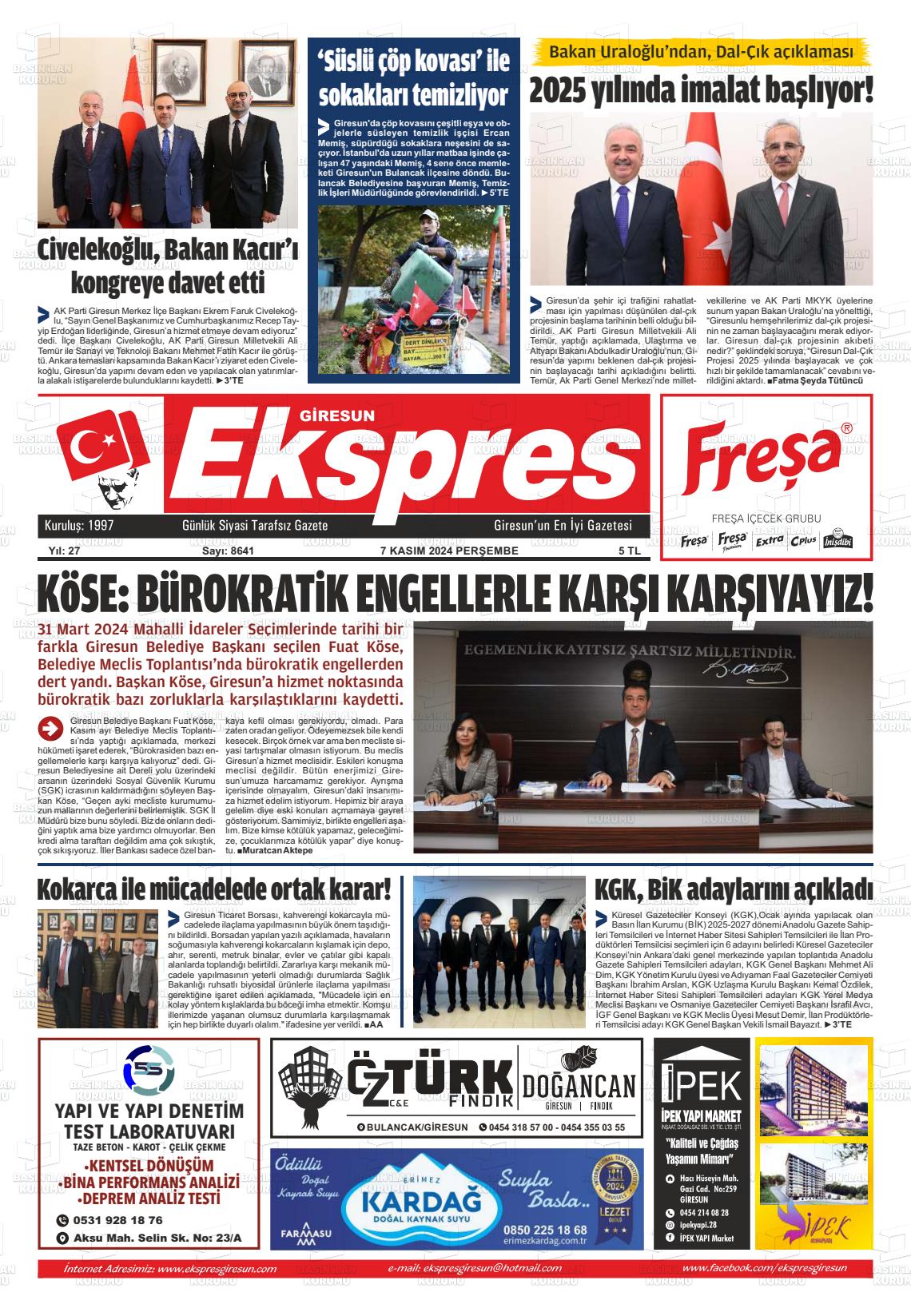 07 Kasım 2024 Giresun Ekspres Gazete Manşeti