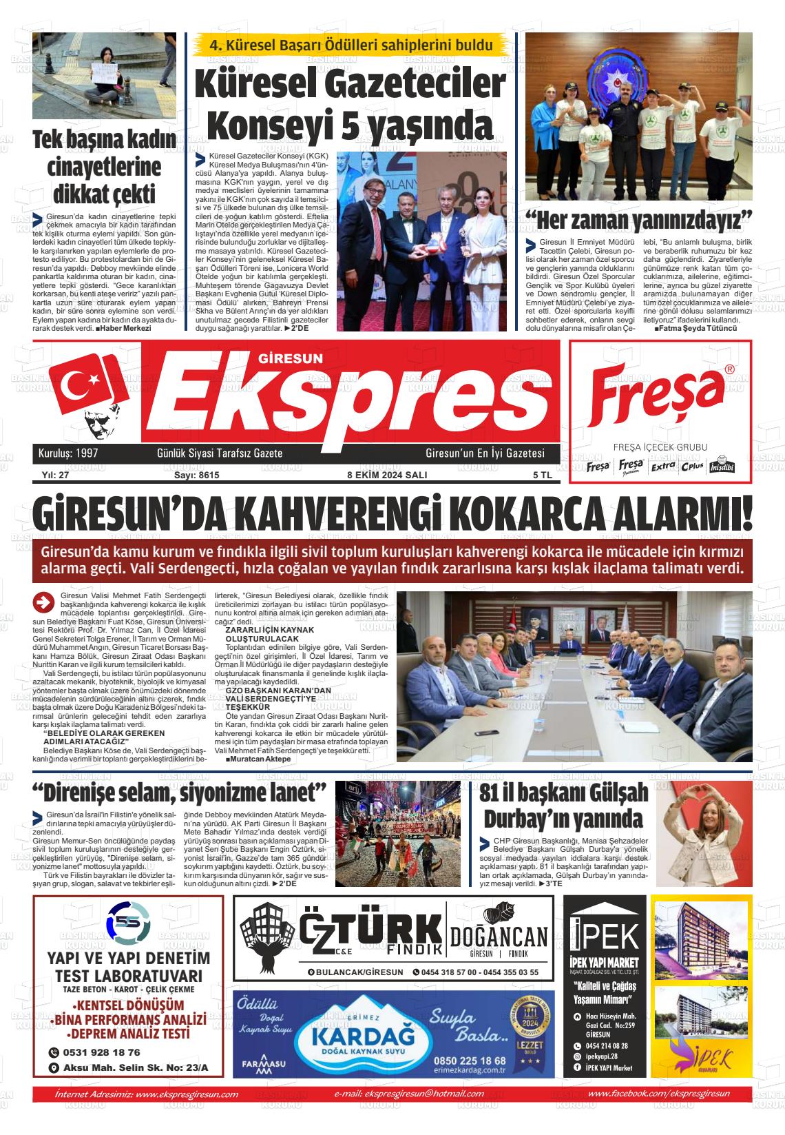 08 Ekim 2024 Giresun Ekspres Gazete Manşeti