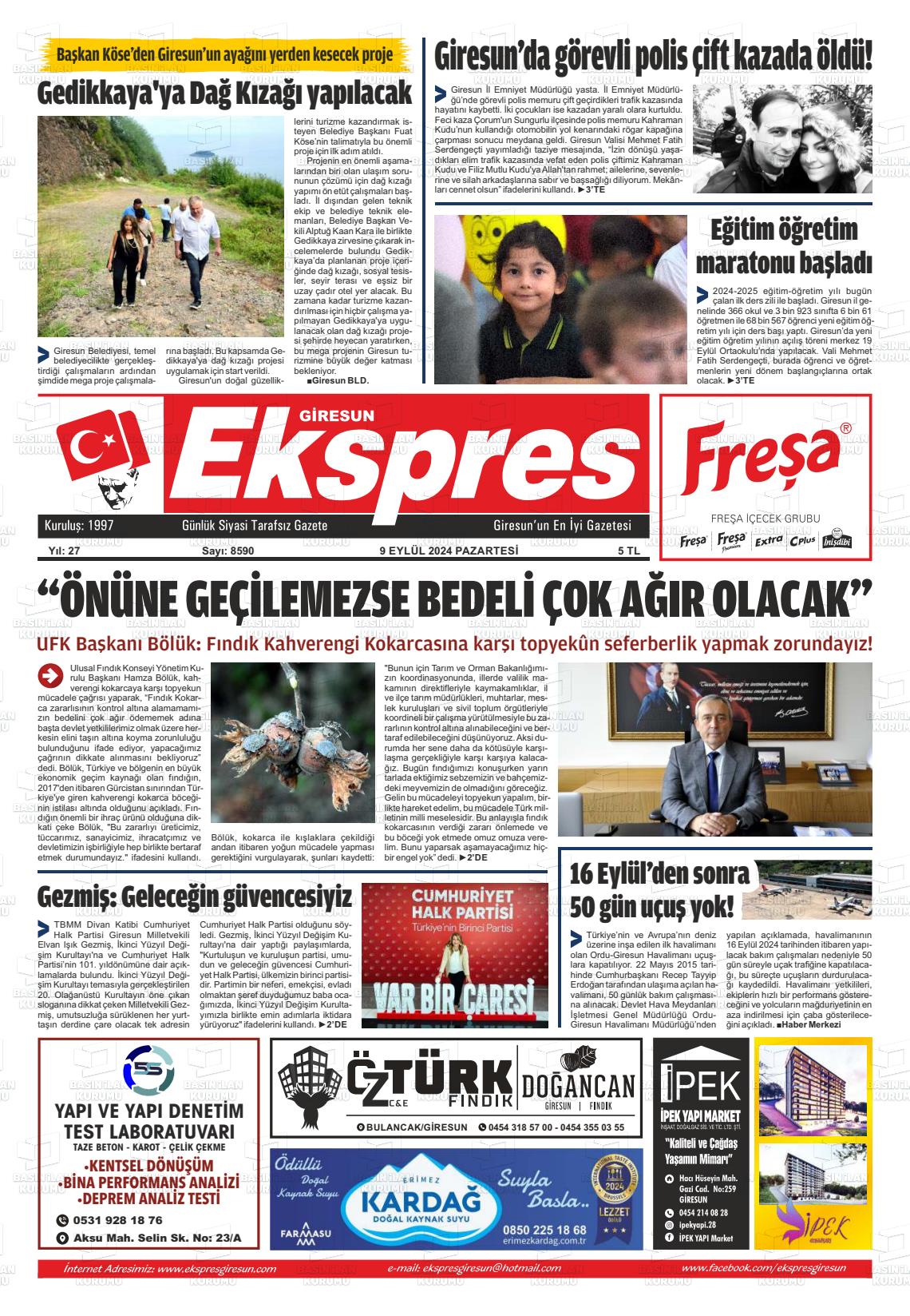 09 Eylül 2024 Giresun Ekspres Gazete Manşeti