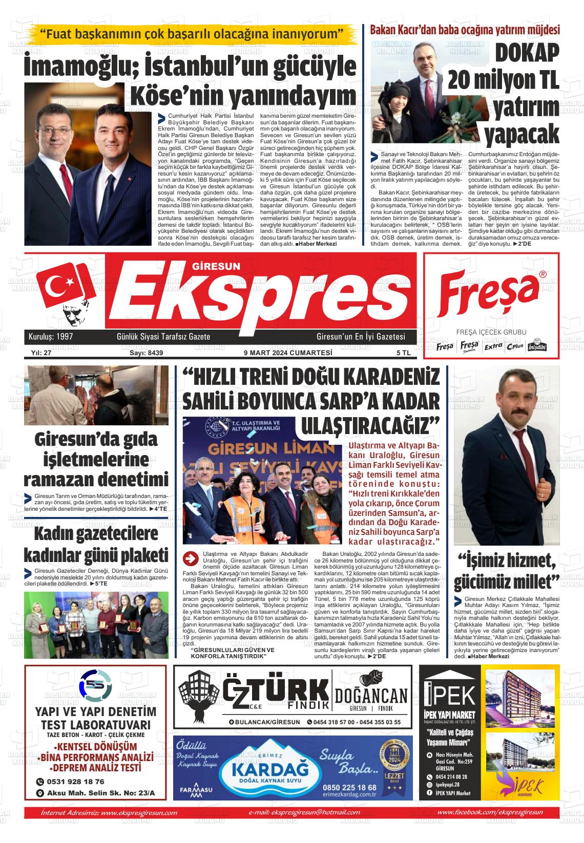 09 Mart 2024 Giresun Ekspres Gazete Manşeti