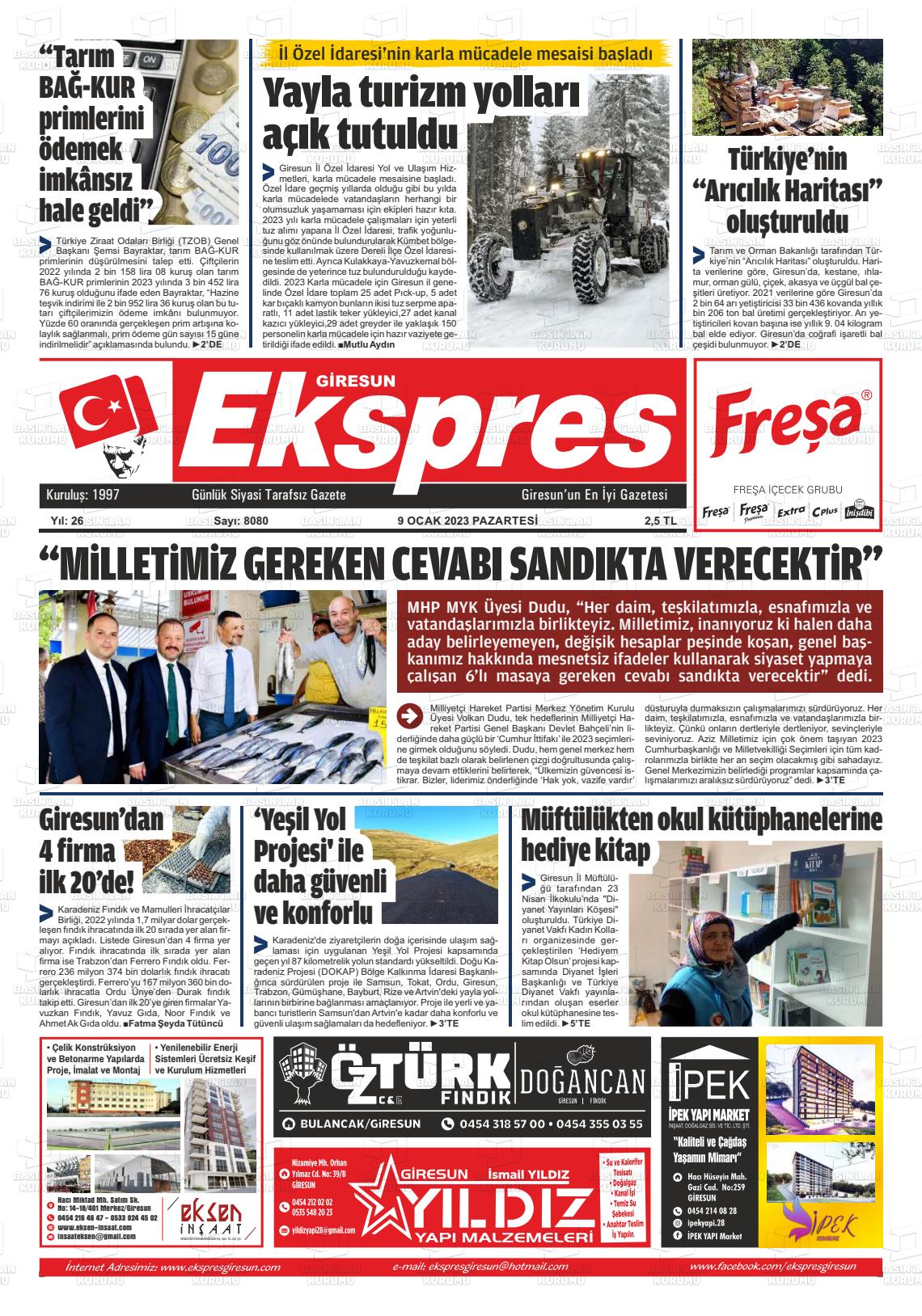 09 Ocak 2023 Giresun Ekspres Gazete Manşeti