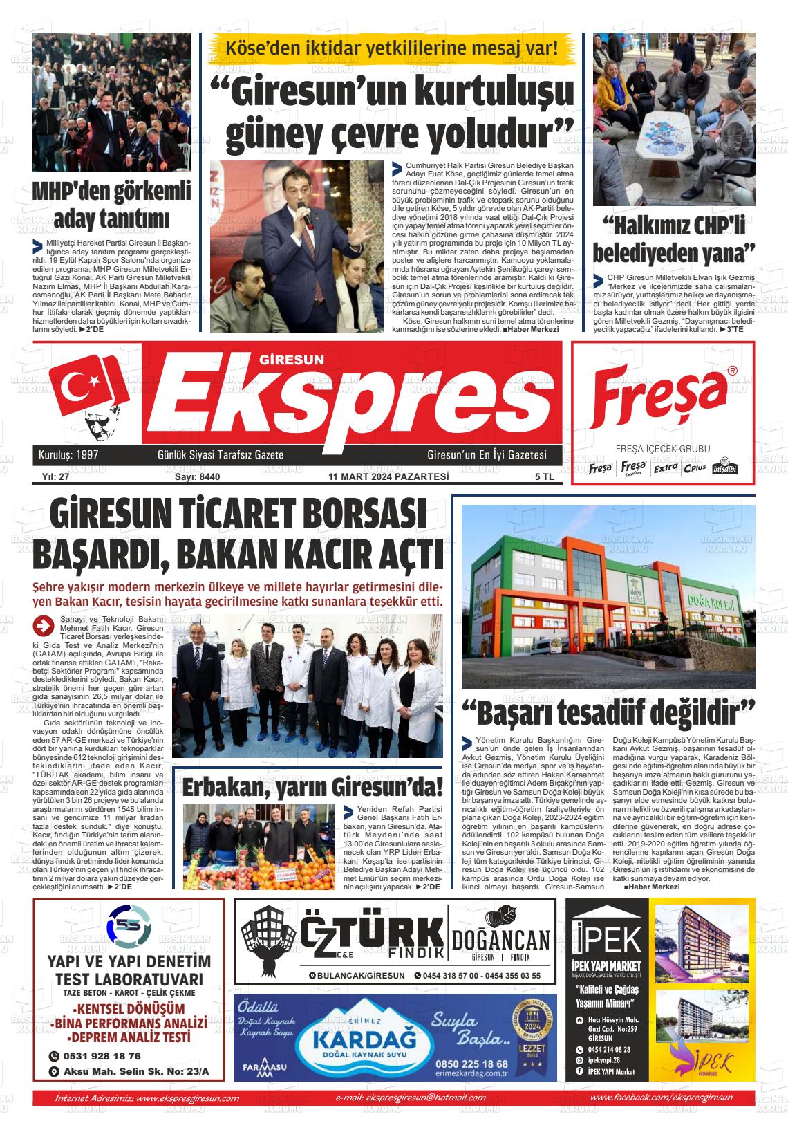 11 Mart 2024 Giresun Ekspres Gazete Manşeti