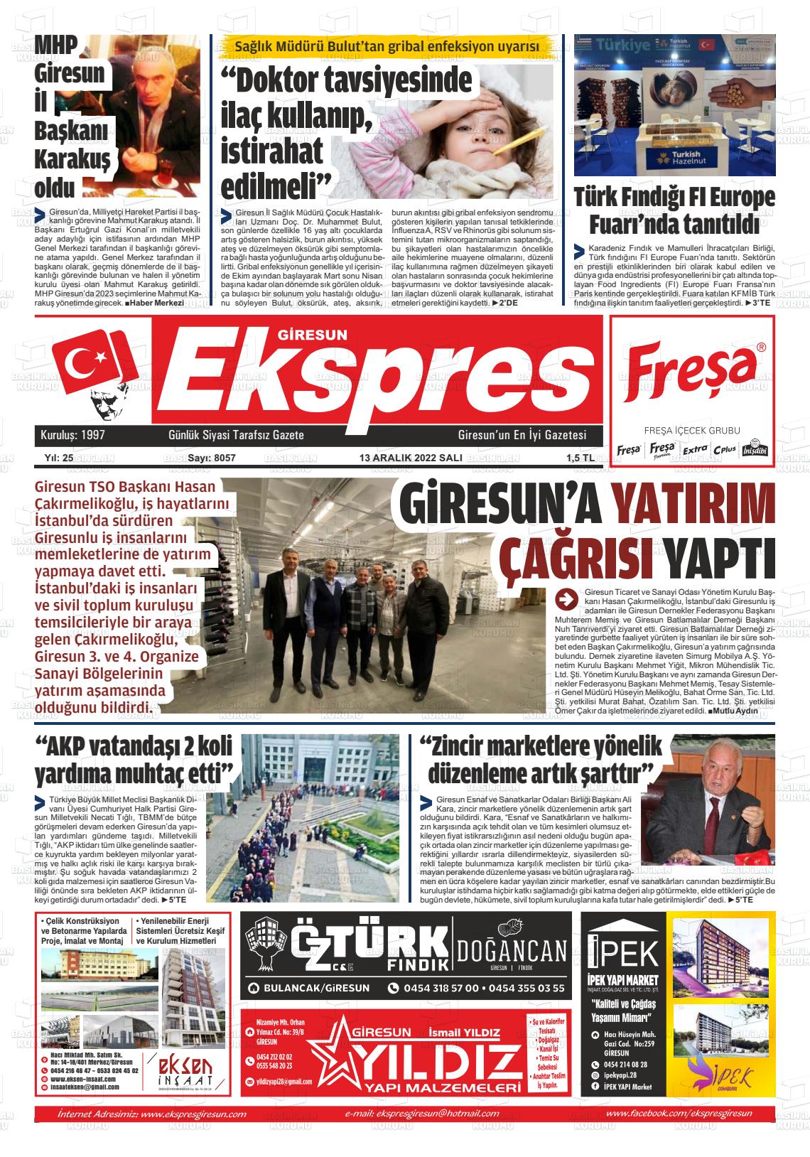 15 Aralık 2022 Giresun Ekspres Gazete Manşeti