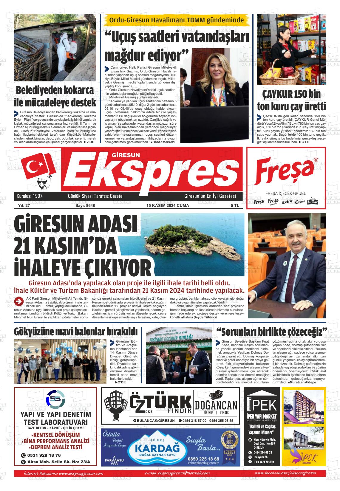 15 Kasım 2024 Giresun Ekspres Gazete Manşeti