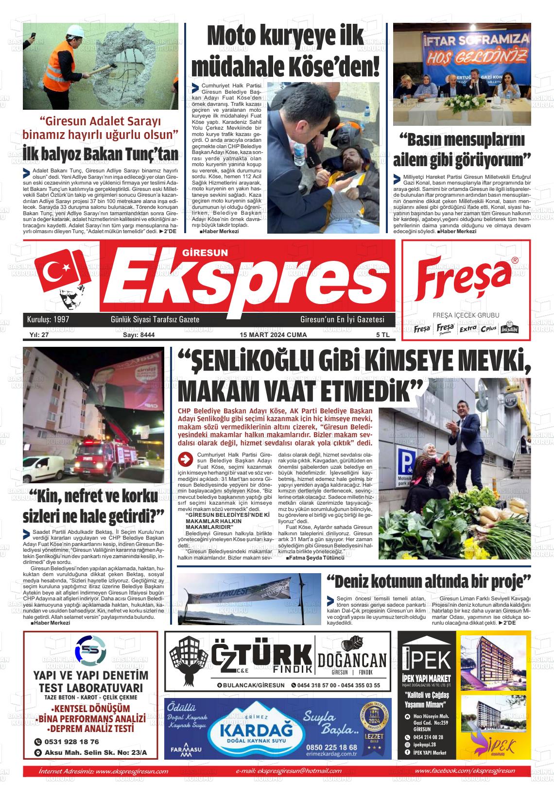 15 Mart 2024 Giresun Ekspres Gazete Manşeti