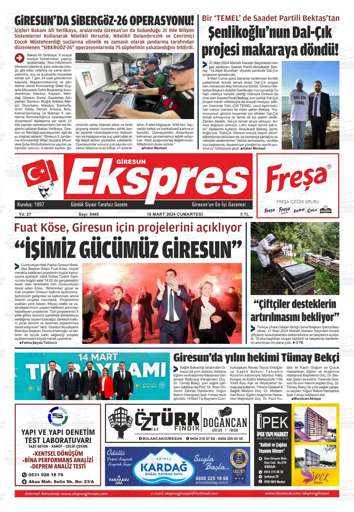 16 Mart 2024 Giresun Ekspres Gazete Manşeti