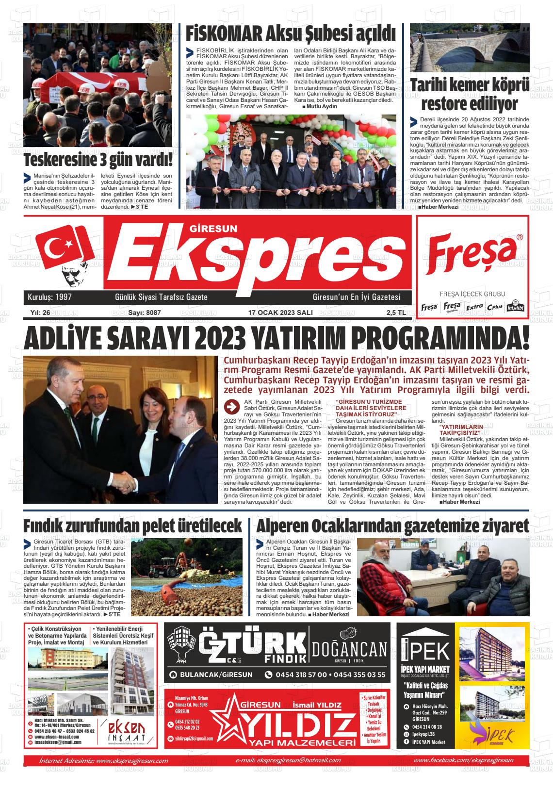 19 Ocak 2023 Giresun Ekspres Gazete Manşeti