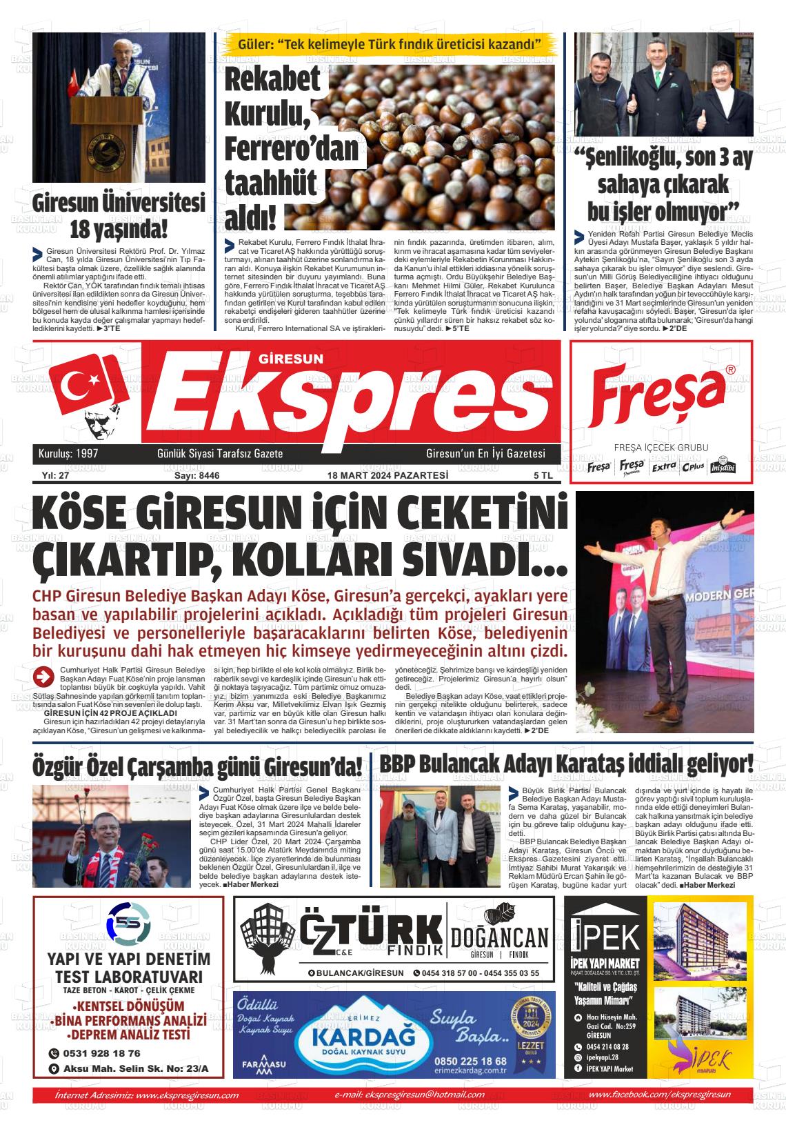 18 Mart 2024 Giresun Ekspres Gazete Manşeti