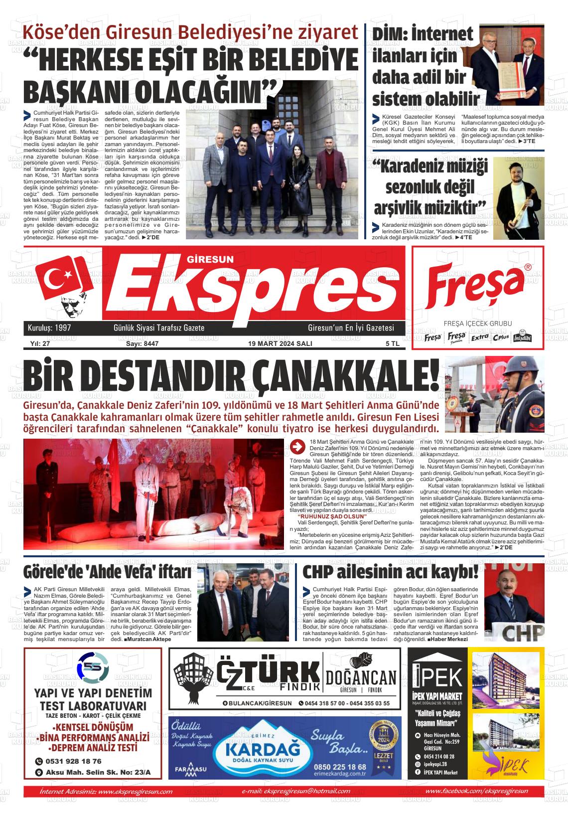 19 Mart 2024 Giresun Ekspres Gazete Manşeti