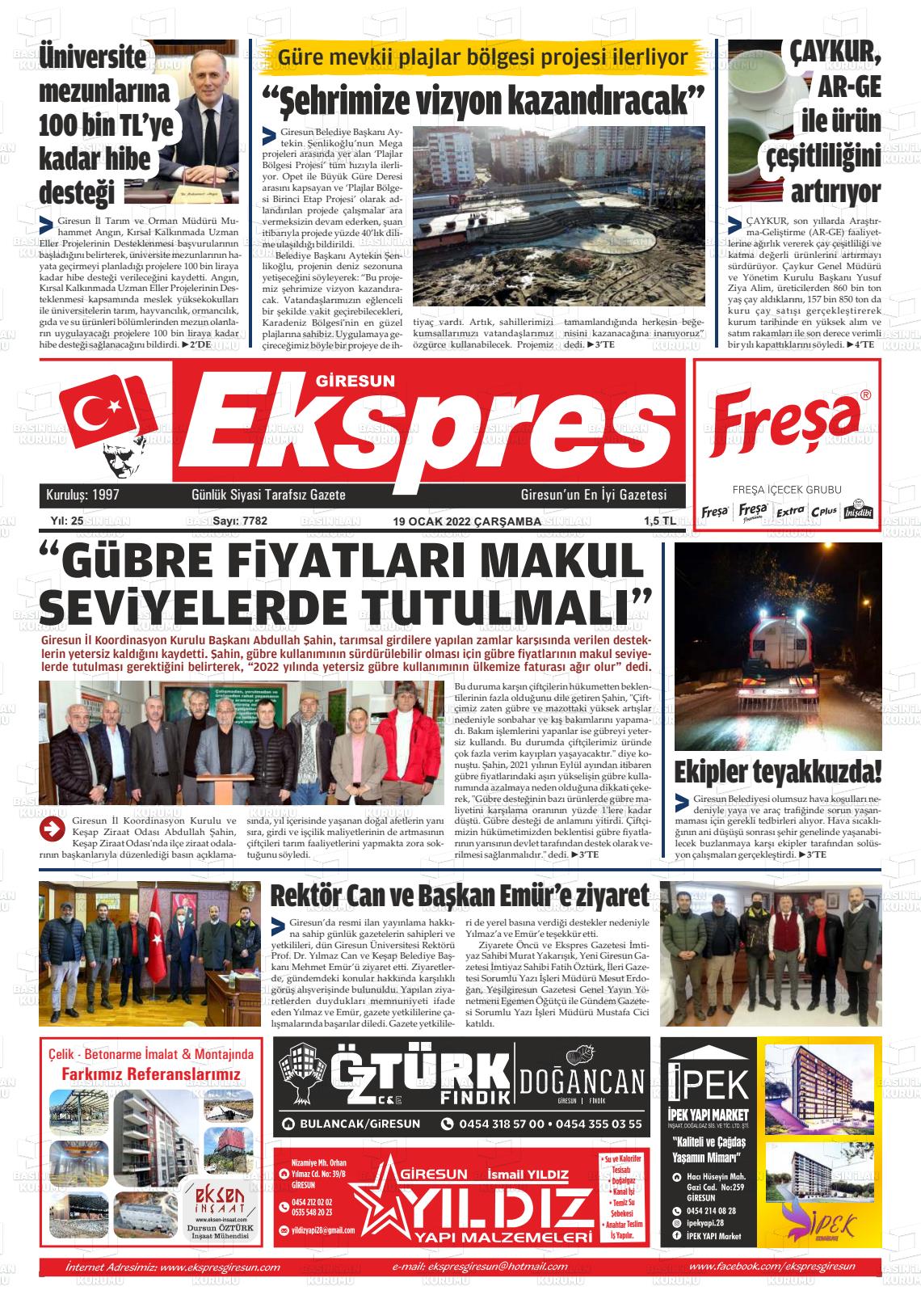 19 Ocak 2022 Giresun Ekspres Gazete Manşeti