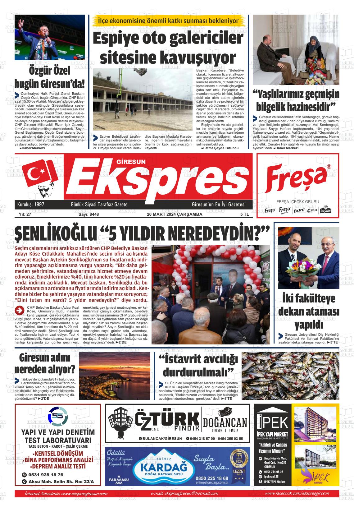 20 Mart 2024 Giresun Ekspres Gazete Manşeti