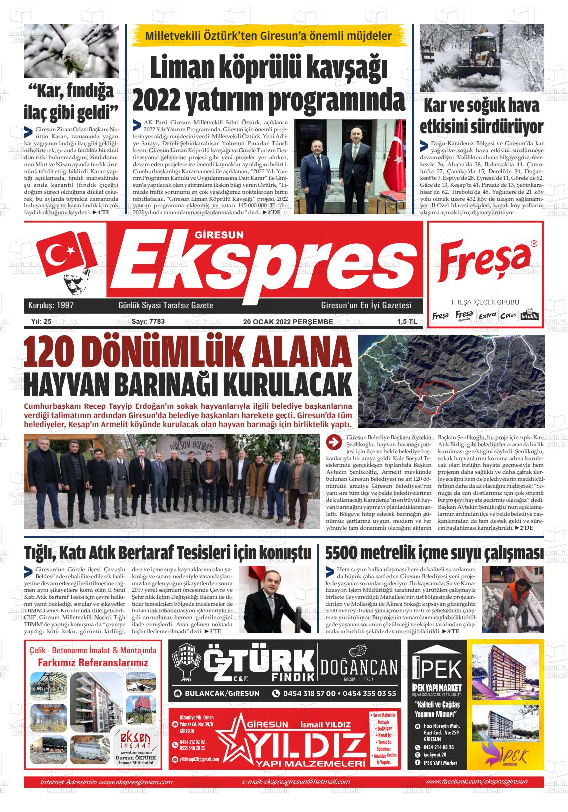 20 Ocak 2022 Giresun Ekspres Gazete Manşeti