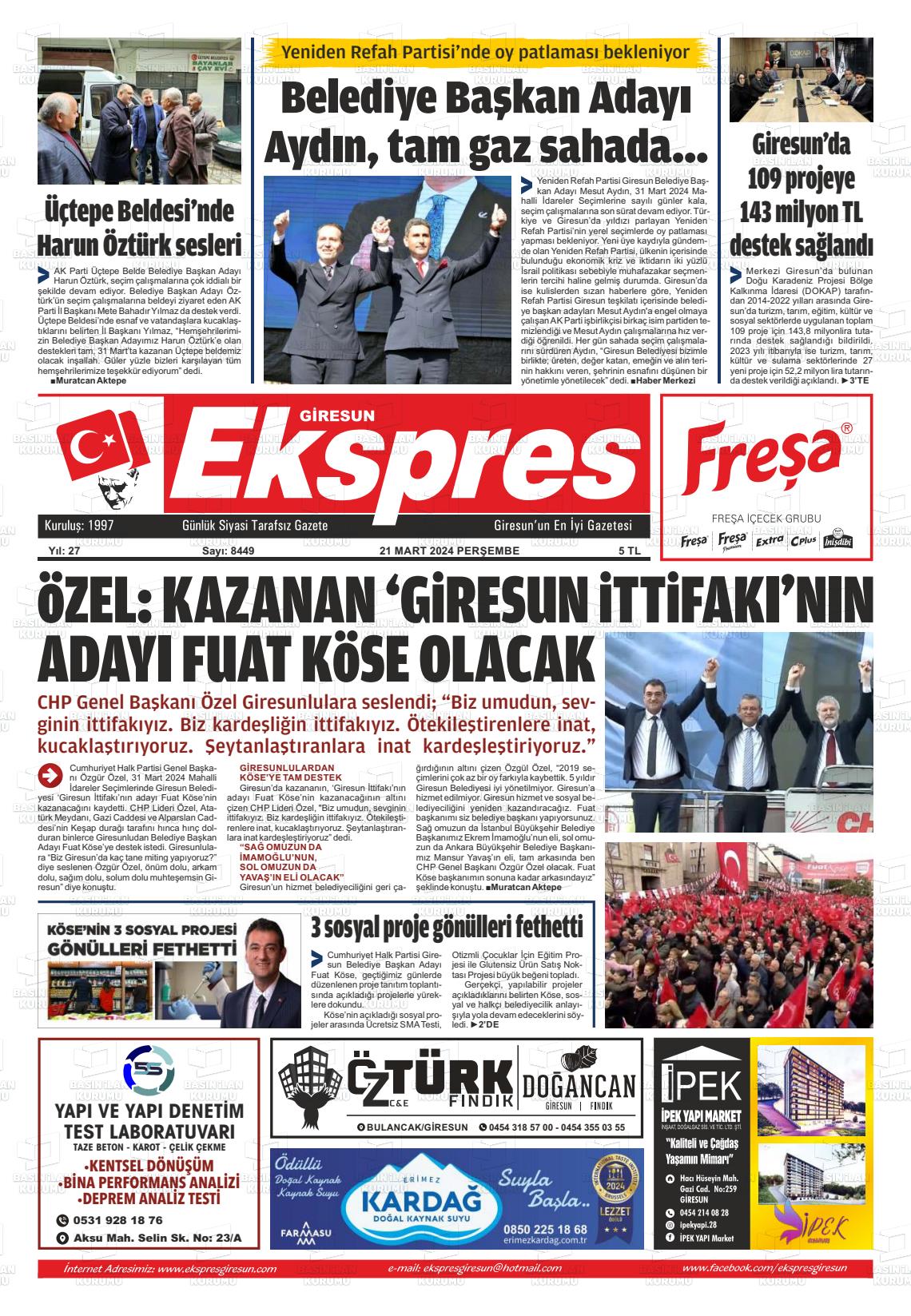 21 Mart 2024 Giresun Ekspres Gazete Manşeti