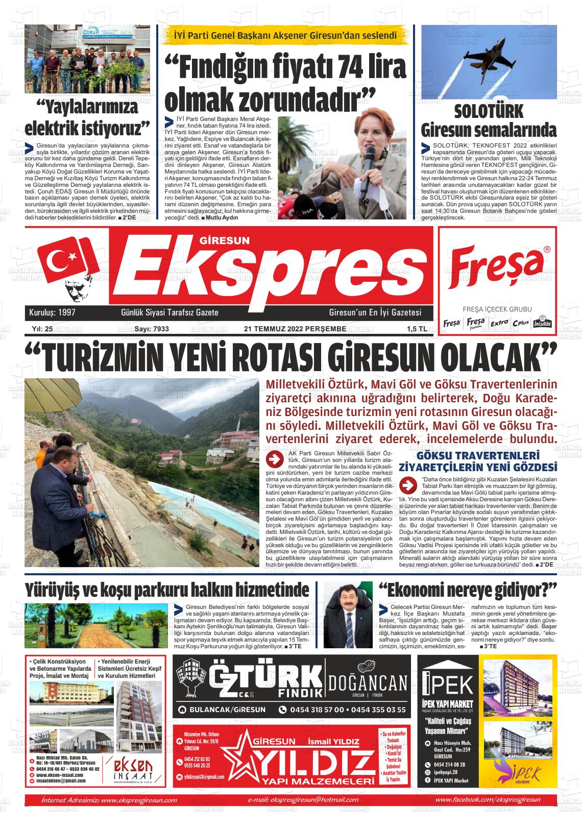 21 Temmuz 2022 Giresun Ekspres Gazete Manşeti