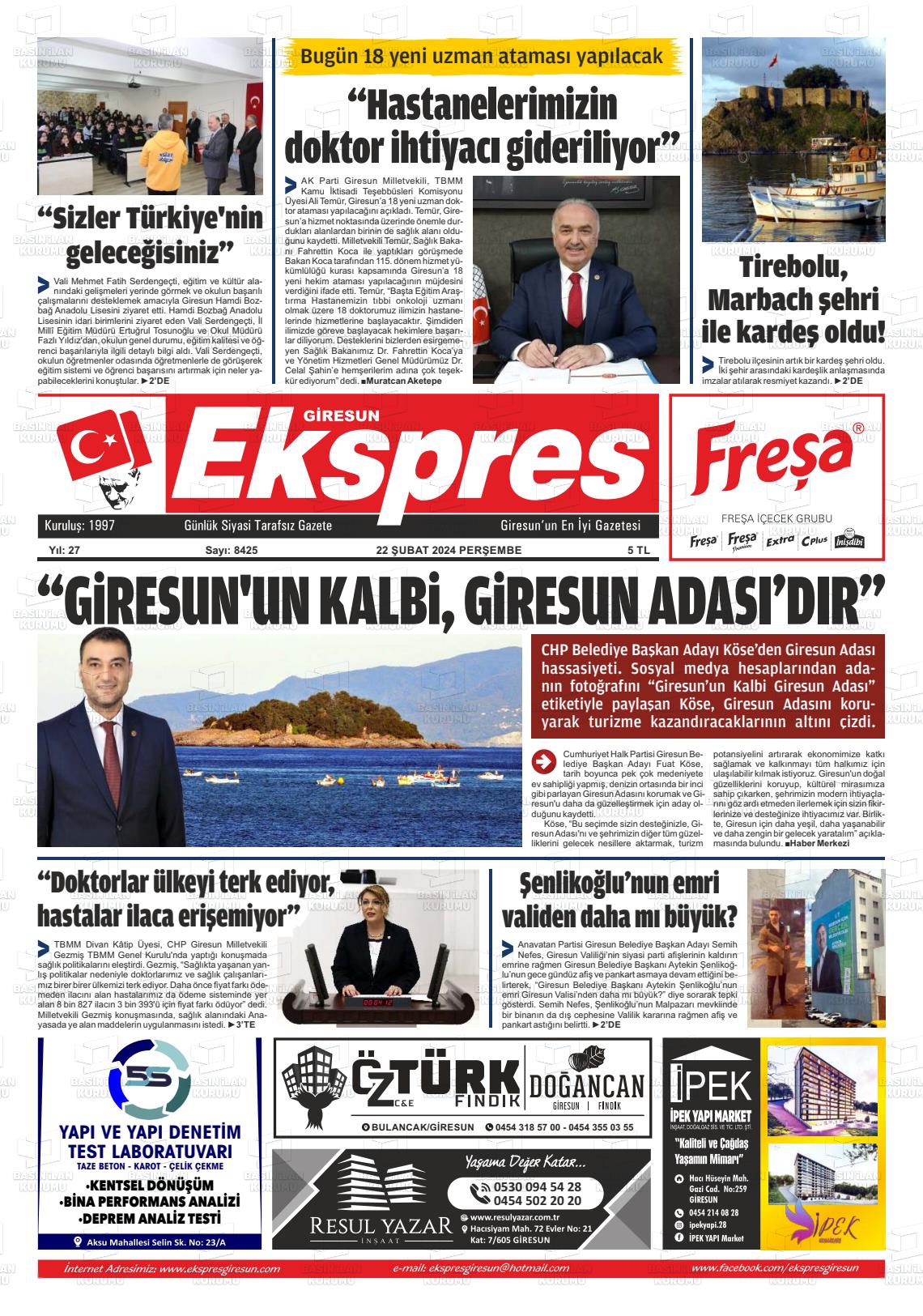 22 Şubat 2024 Giresun Ekspres Gazete Manşeti