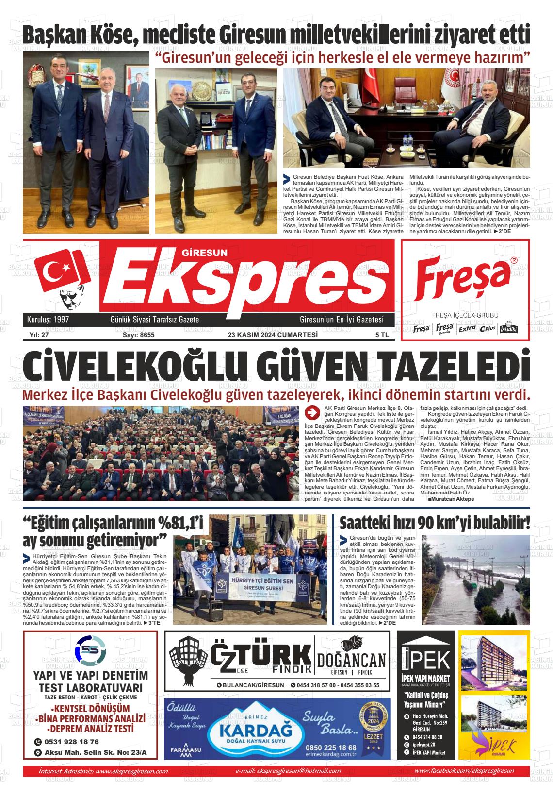 23 Kasım 2024 Giresun Ekspres Gazete Manşeti