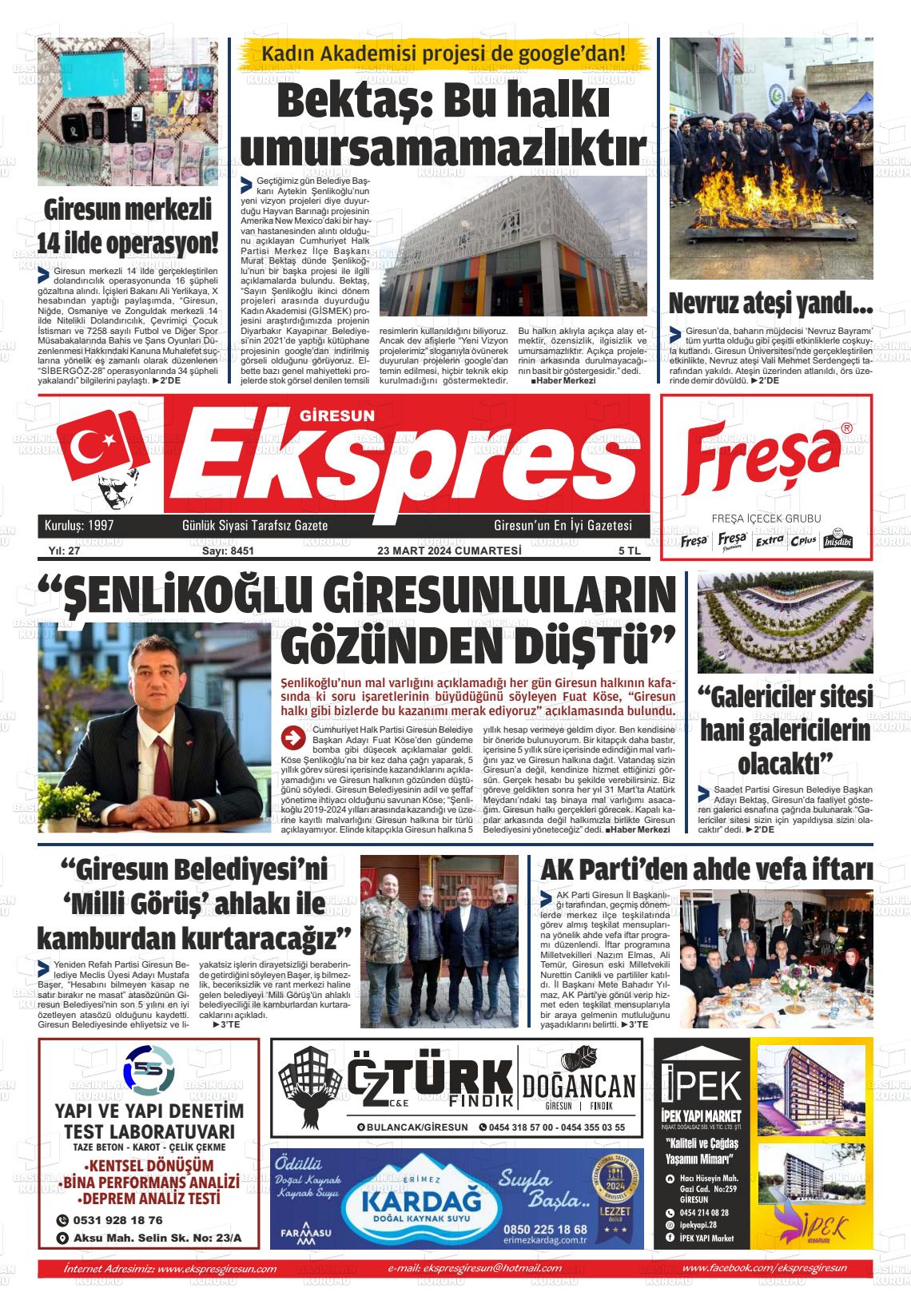 23 Mart 2024 Giresun Ekspres Gazete Manşeti