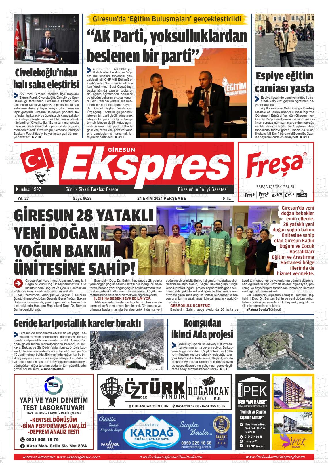 24 Ekim 2024 Giresun Ekspres Gazete Manşeti