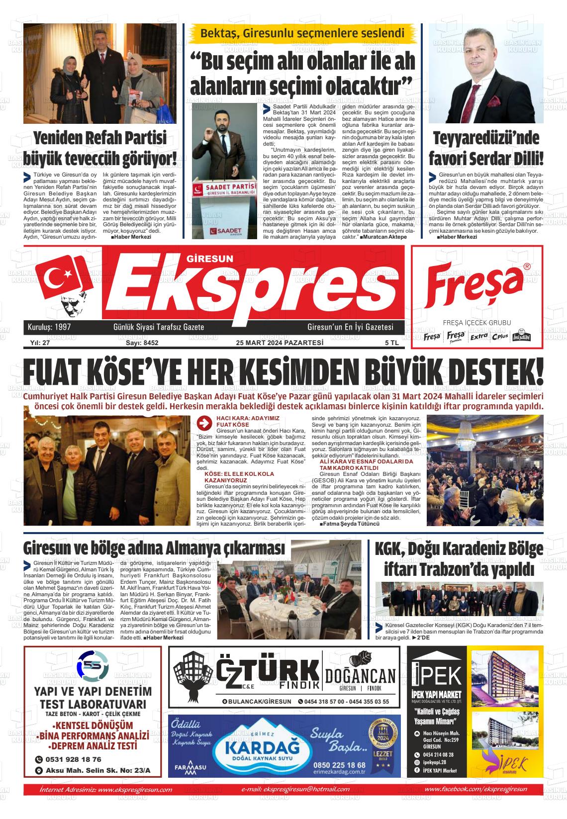 25 Mart 2024 Giresun Ekspres Gazete Manşeti