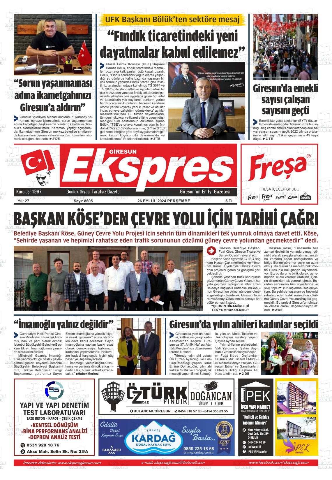 26 Eylül 2024 Giresun Ekspres Gazete Manşeti