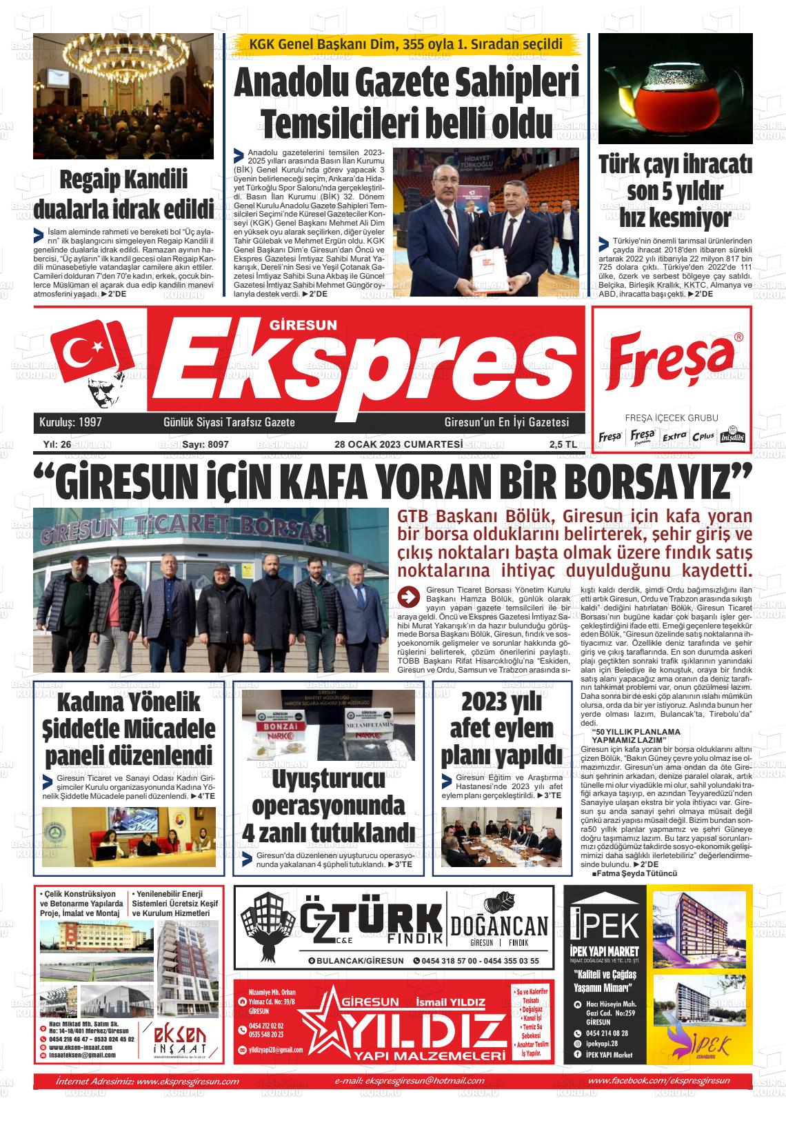 28 Ocak 2023 Giresun Ekspres Gazete Manşeti