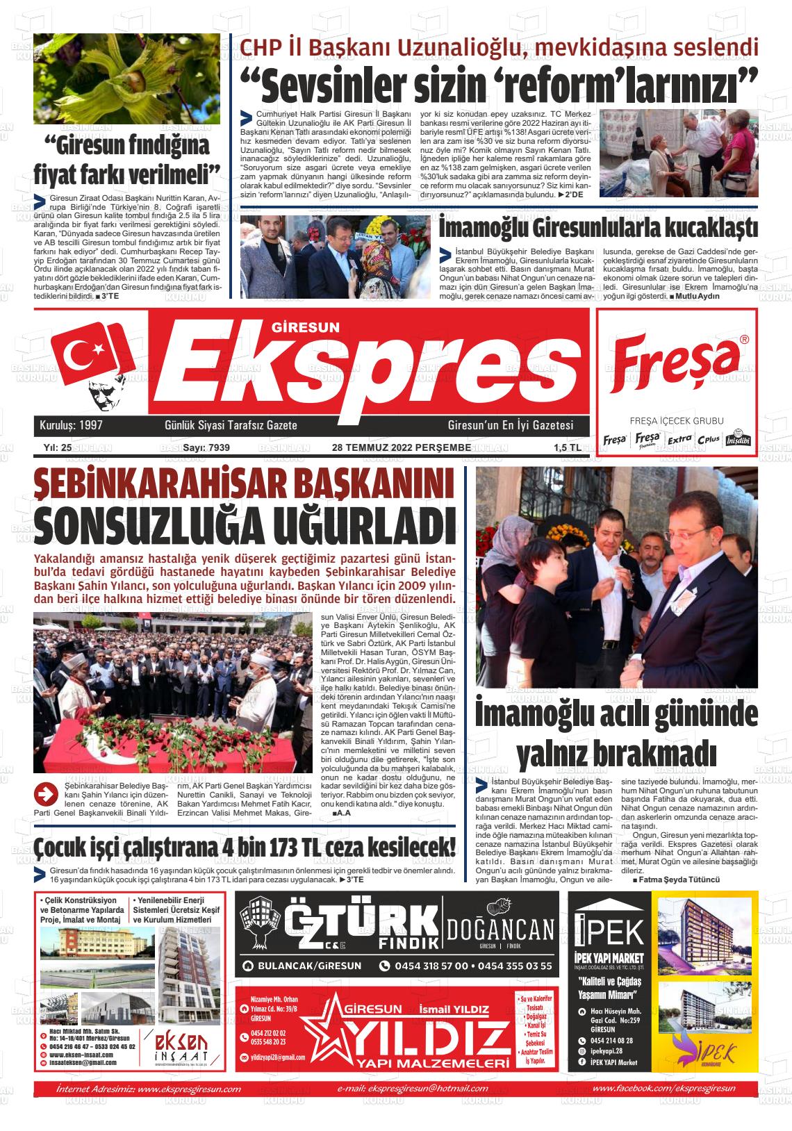 28 Temmuz 2022 Giresun Ekspres Gazete Manşeti