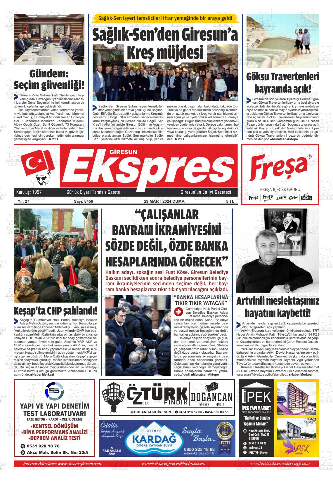 29 Mart 2024 Giresun Ekspres Gazete Manşeti