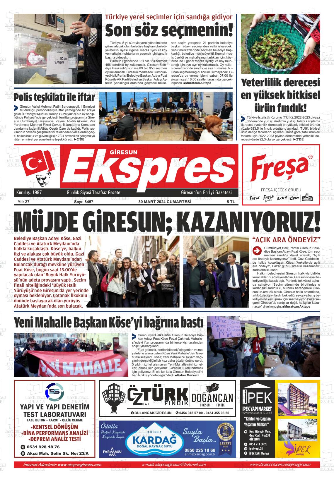 30 Mart 2024 Giresun Ekspres Gazete Manşeti