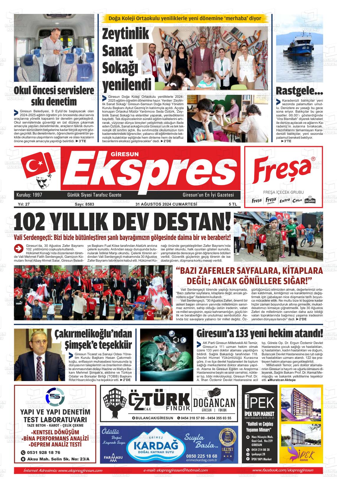 31 Ağustos 2024 Giresun Ekspres Gazete Manşeti