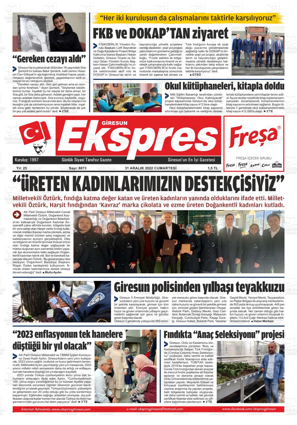 31 Aralık 2022 Giresun Ekspres Gazete Manşeti