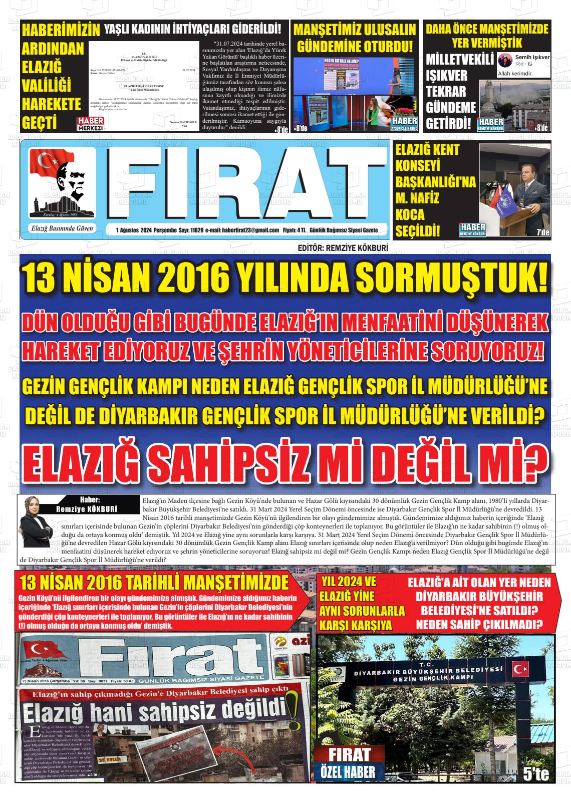 01 Ağustos 2024 Fırat Gazete Manşeti