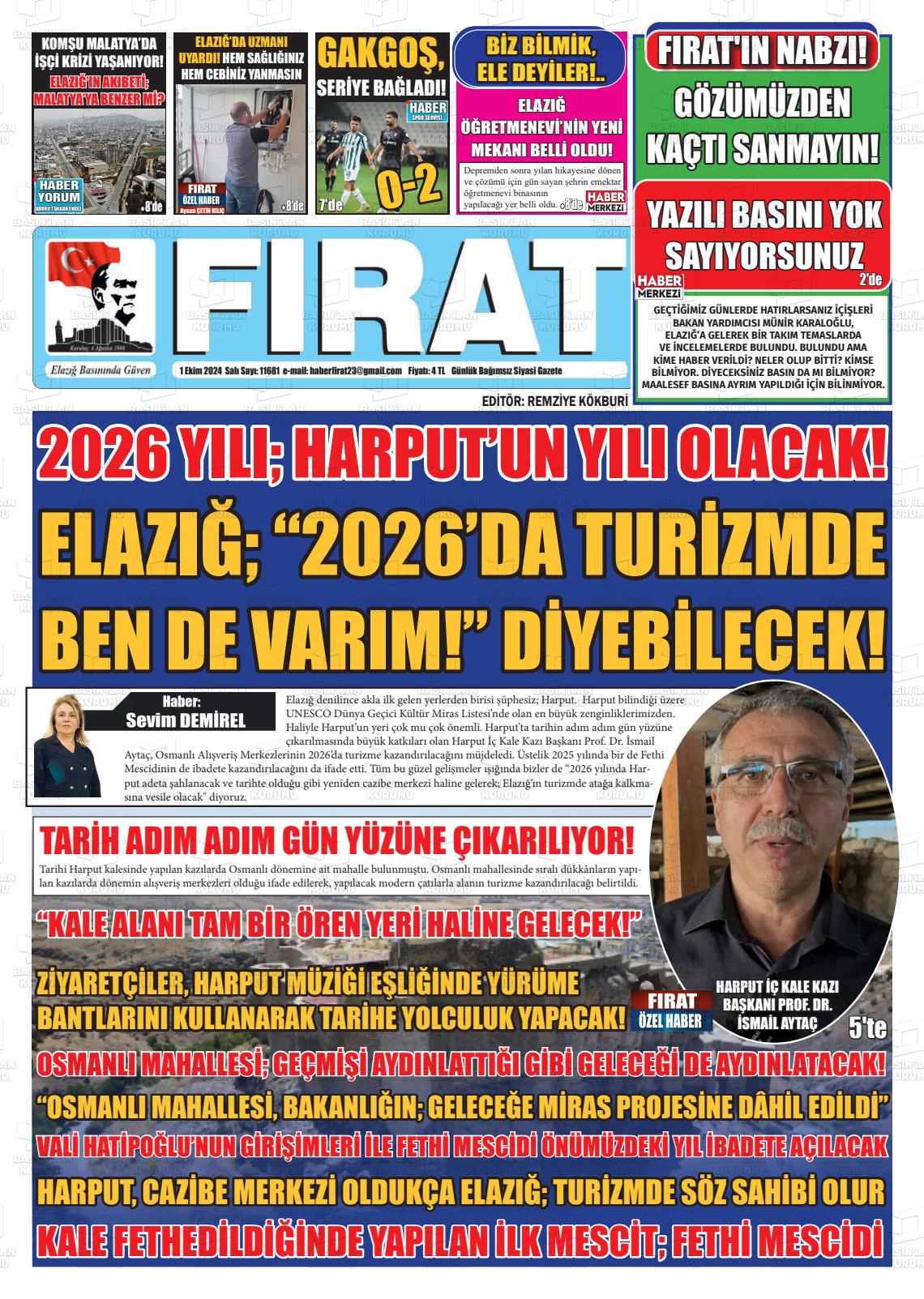 01 Ekim 2024 Fırat Gazete Manşeti