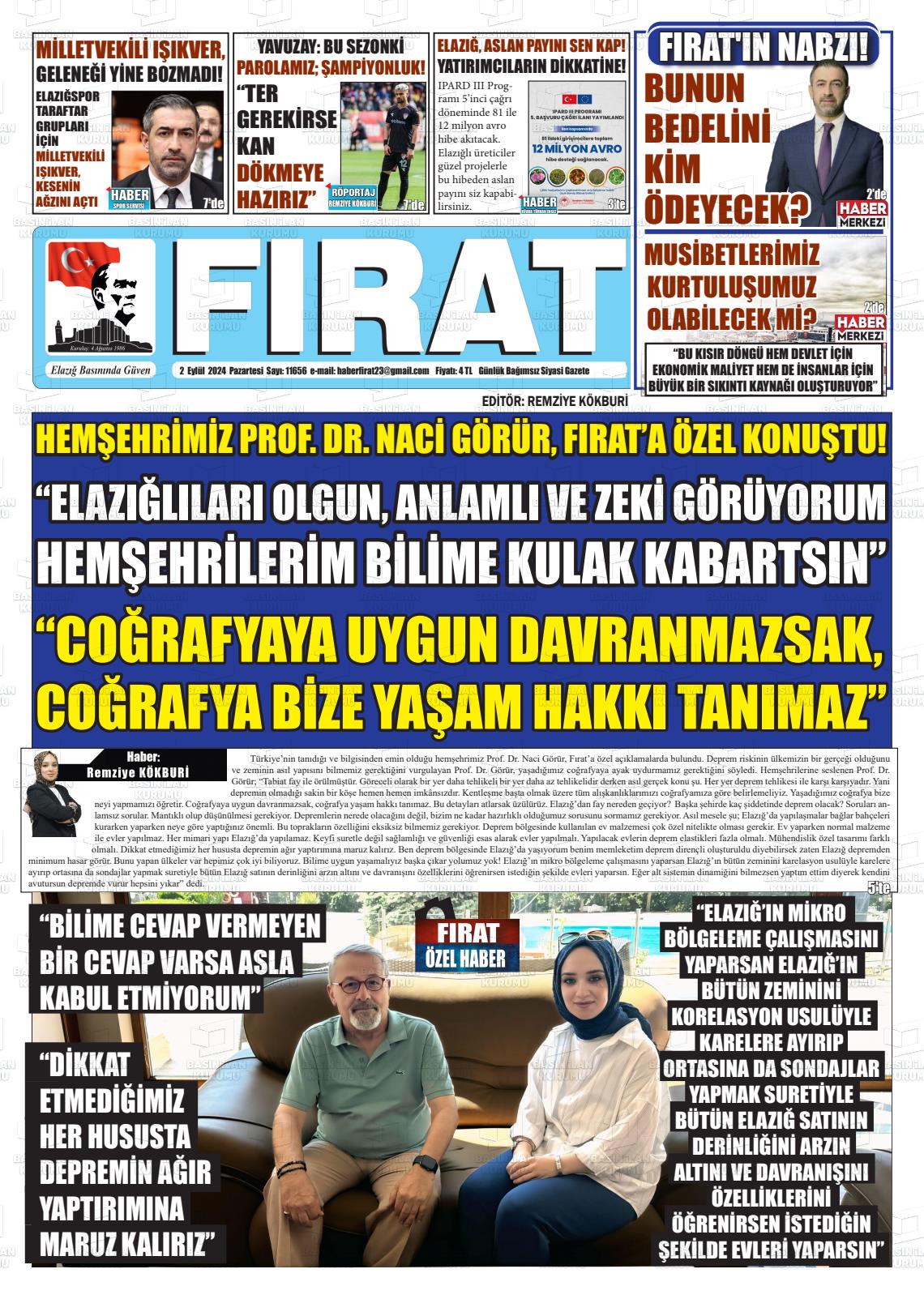 02 Eylül 2024 Fırat Gazete Manşeti