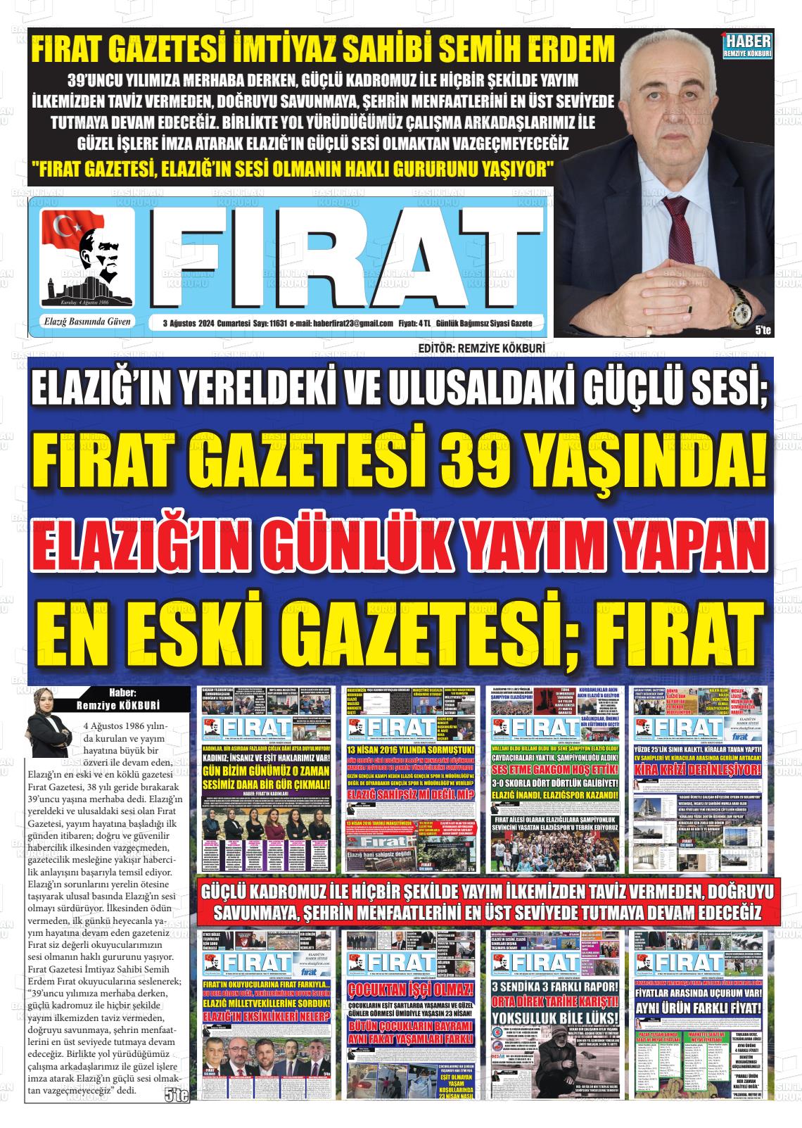 03 Ağustos 2024 Fırat Gazete Manşeti