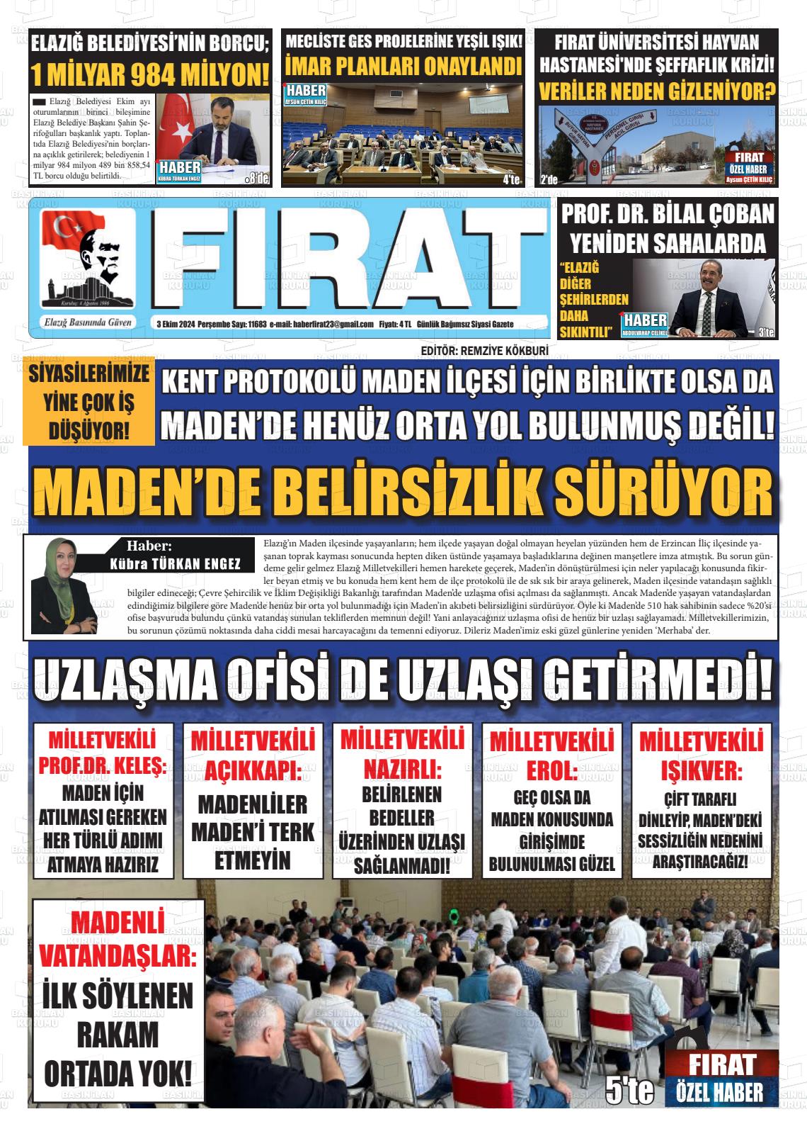 03 Ekim 2024 Fırat Gazete Manşeti