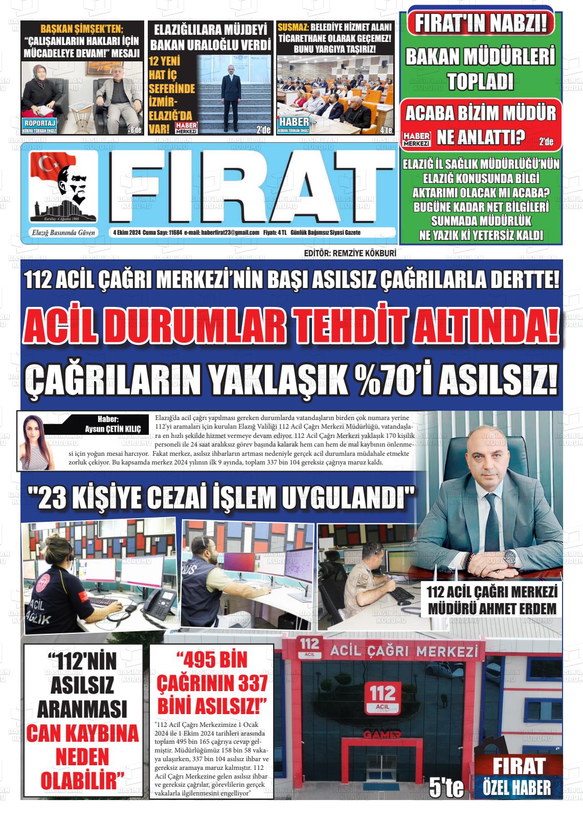 04 Ekim 2024 Fırat Gazete Manşeti