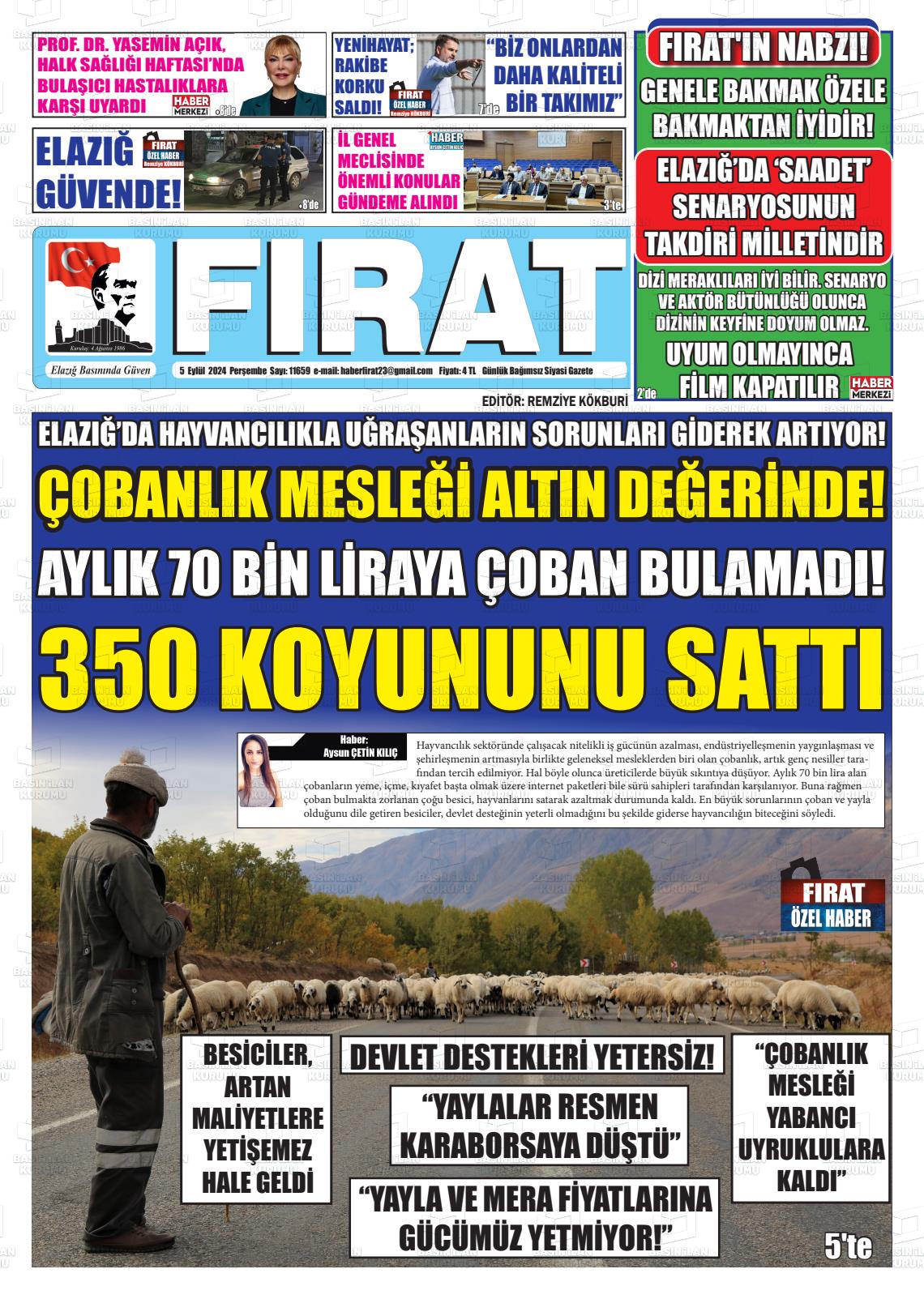 05 Eylül 2024 Fırat Gazete Manşeti