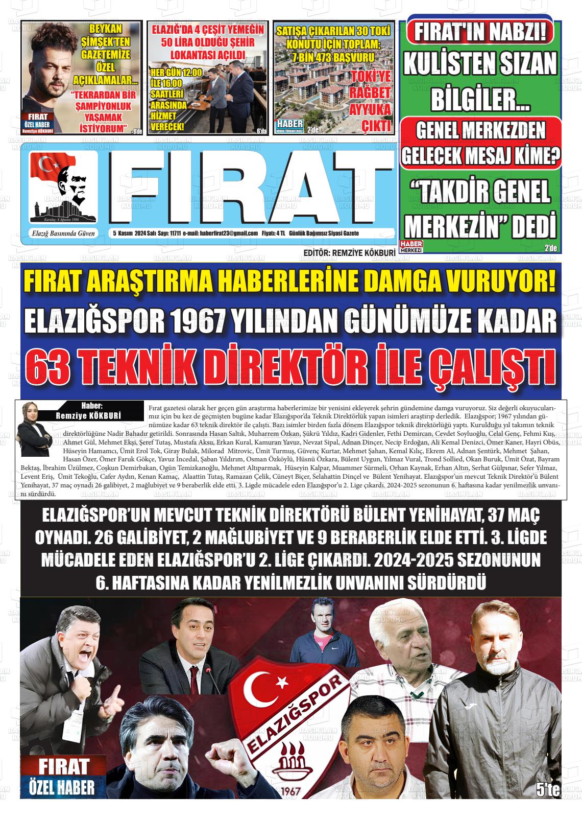 05 Kasım 2024 Fırat Gazete Manşeti