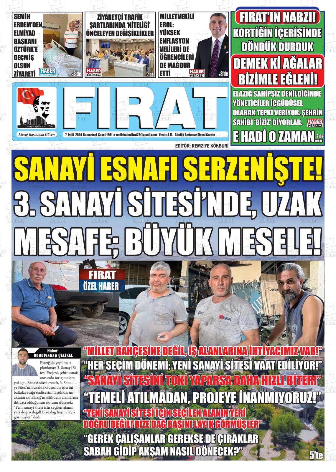 07 Eylül 2024 Fırat Gazete Manşeti