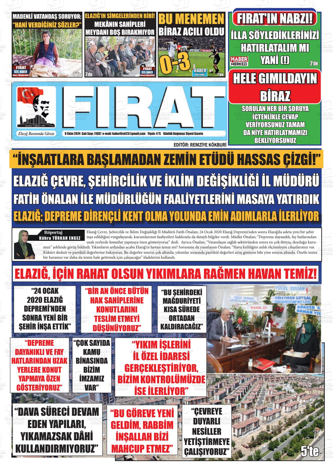 08 Ekim 2024 Fırat Gazete Manşeti