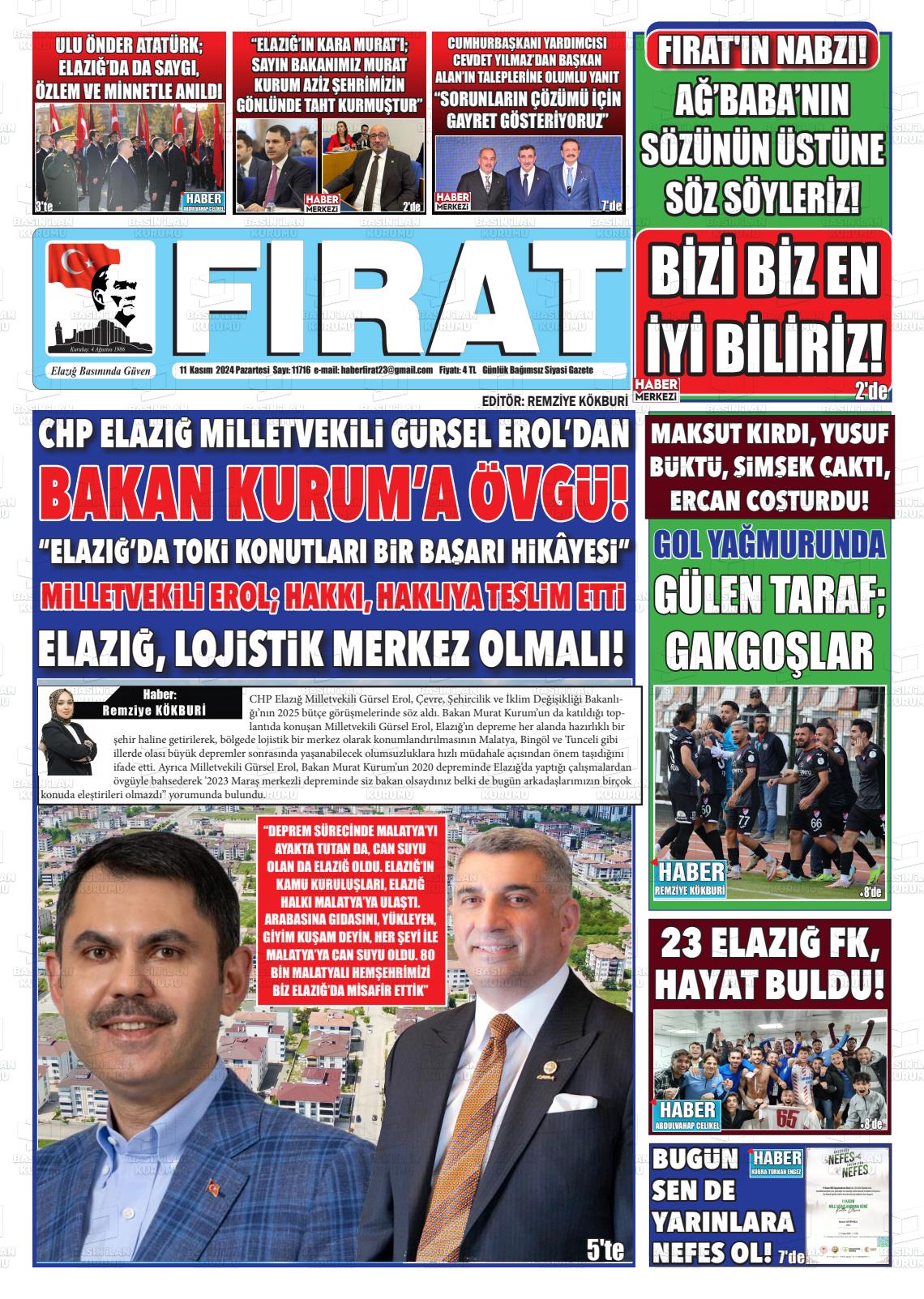 11 Kasım 2024 Fırat Gazete Manşeti