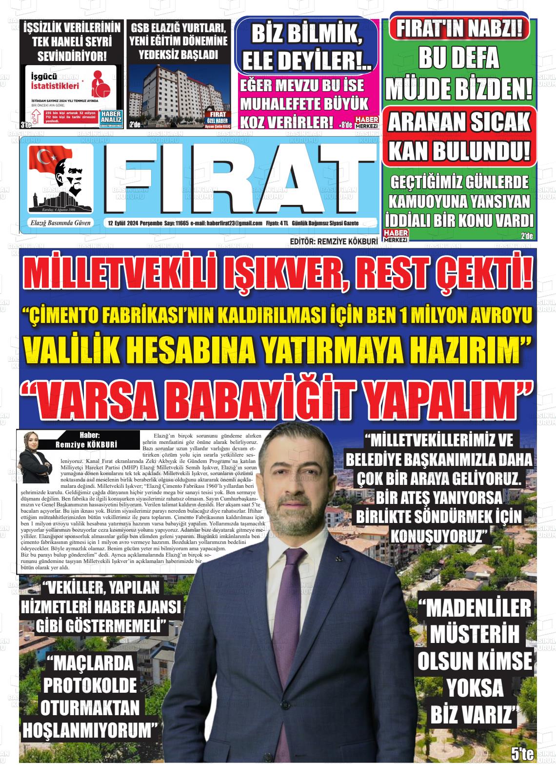 12 Eylül 2024 Fırat Gazete Manşeti