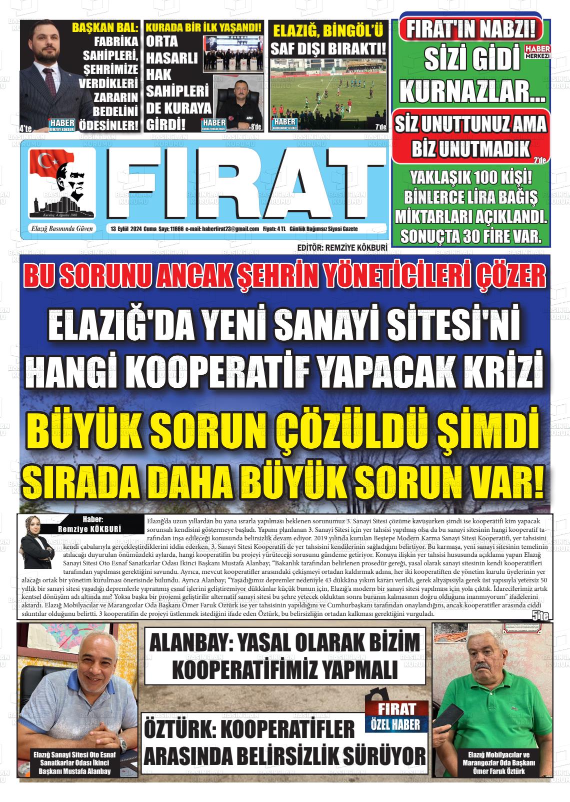 13 Eylül 2024 Fırat Gazete Manşeti