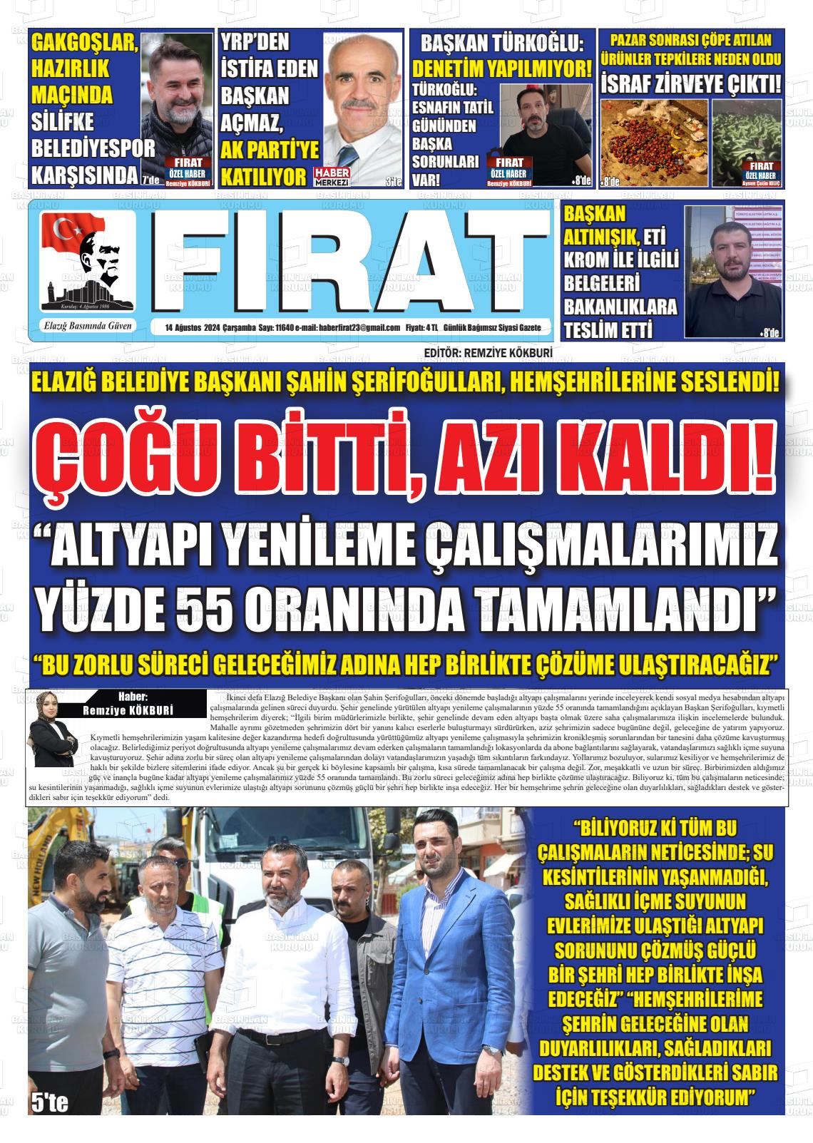 14 Ağustos 2024 Fırat Gazete Manşeti