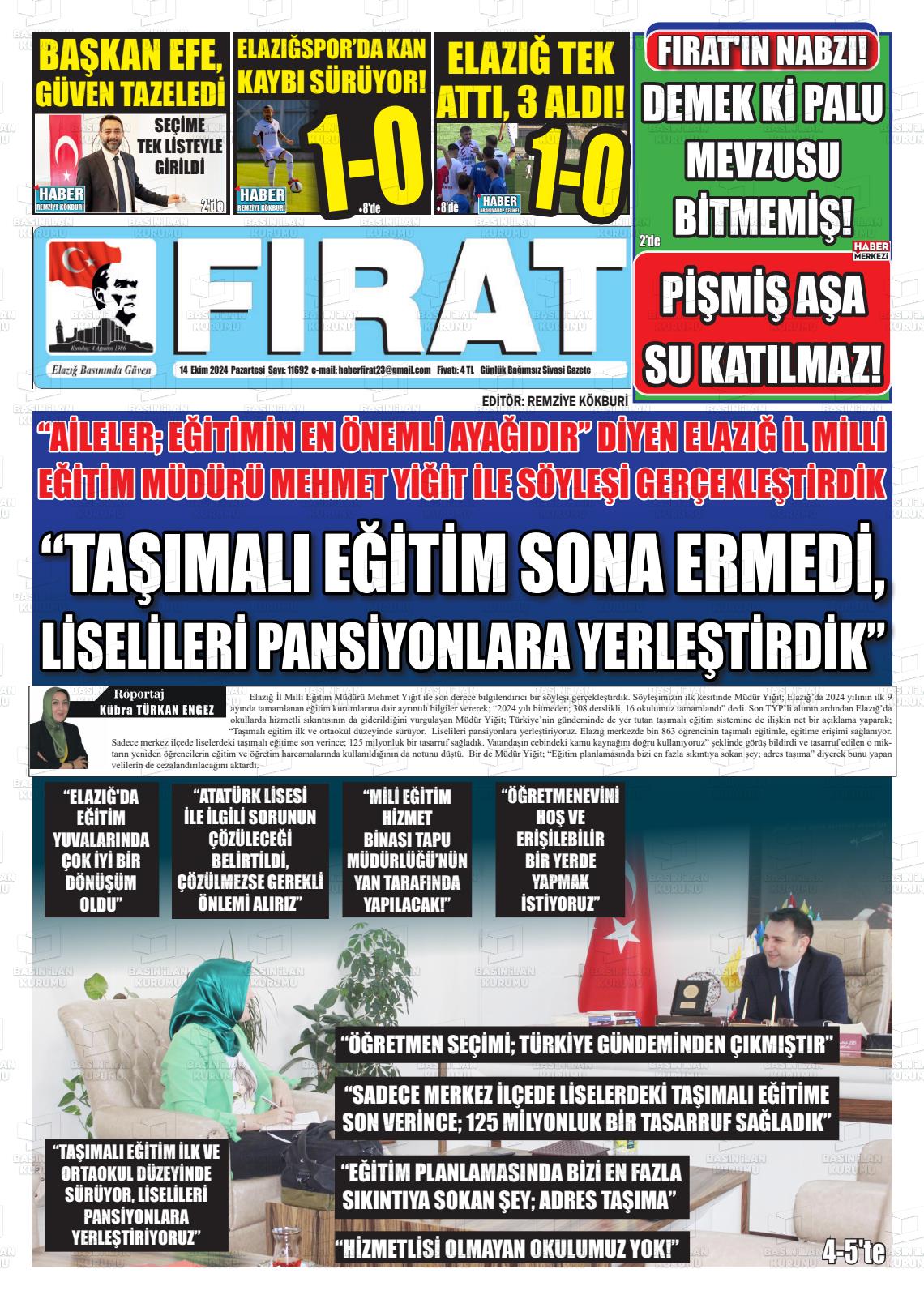 14 Ekim 2024 Fırat Gazete Manşeti