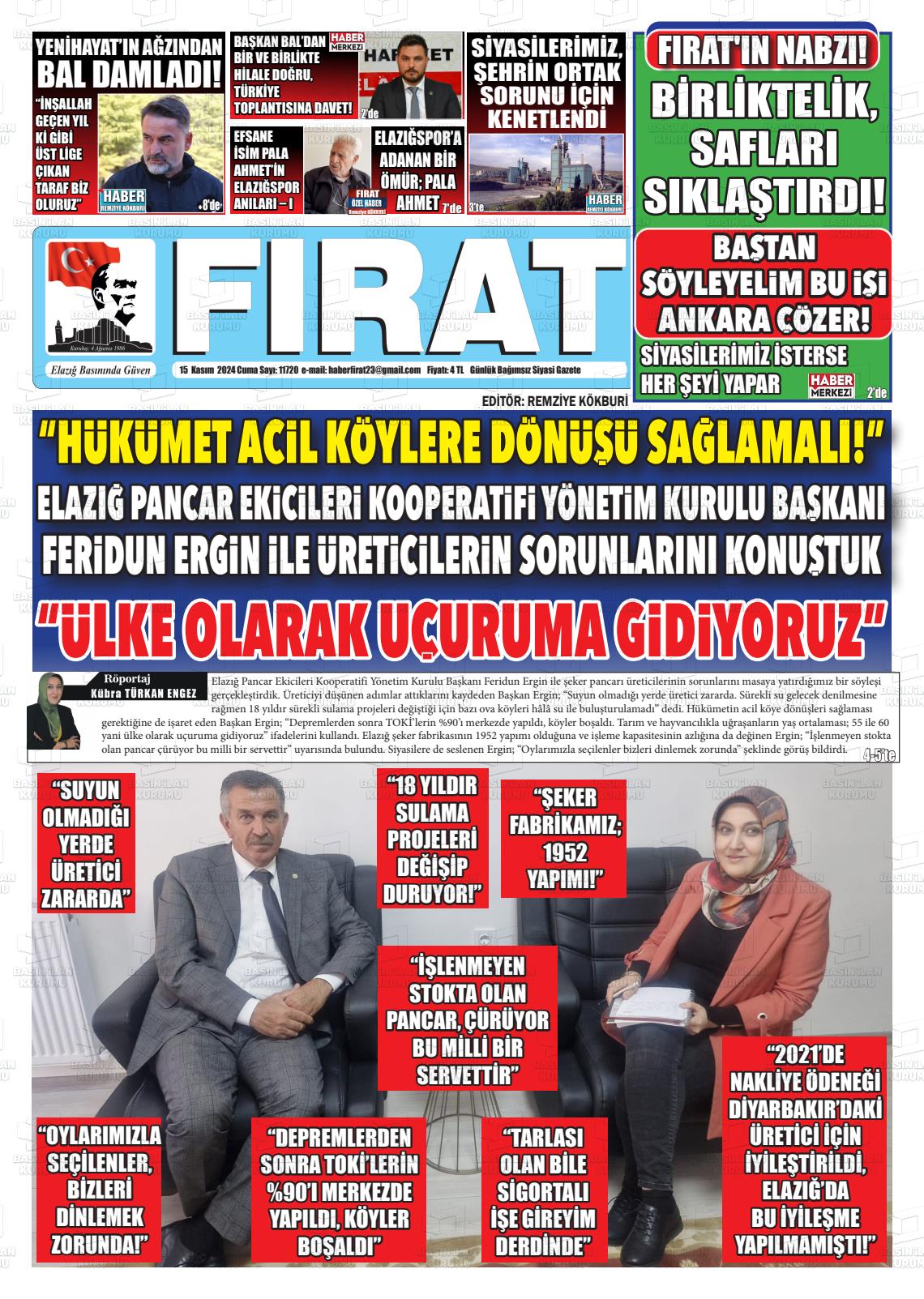 15 Kasım 2024 Fırat Gazete Manşeti